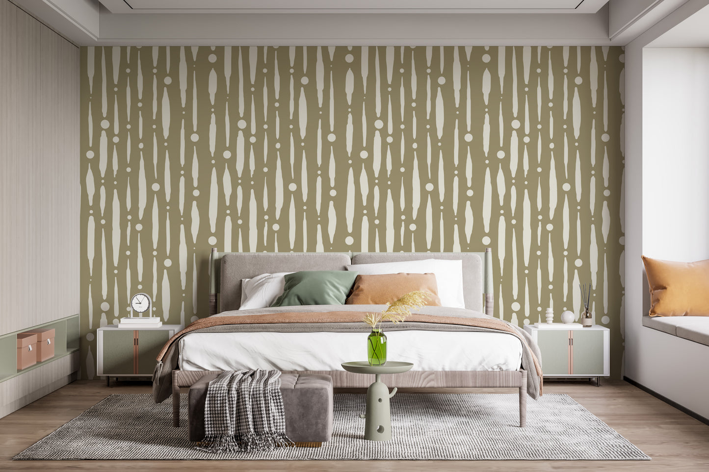 Sage green wall mural with flowing dripping line patterns
