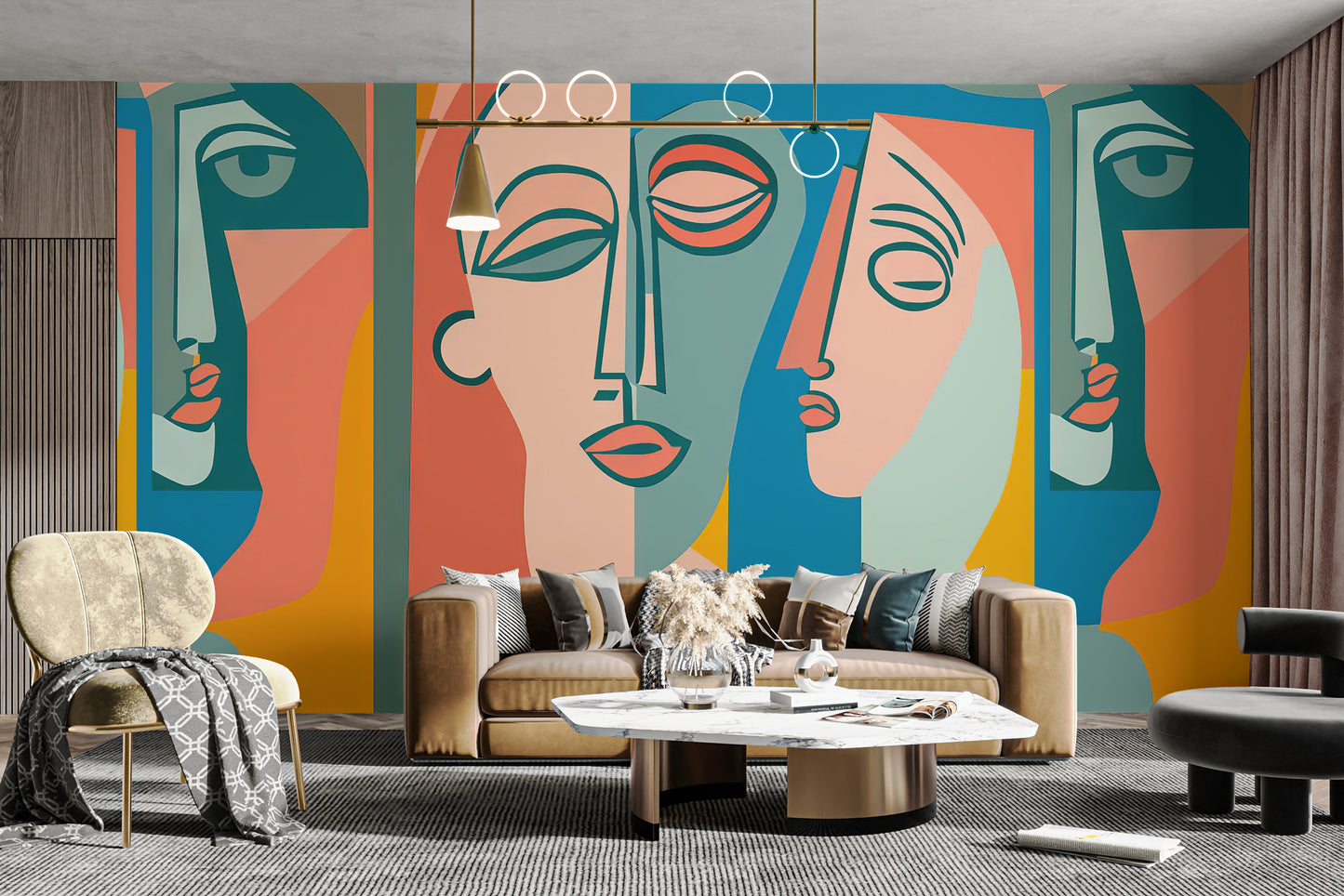 Colorful Faces Mural adds a creative centerpiece to living rooms.