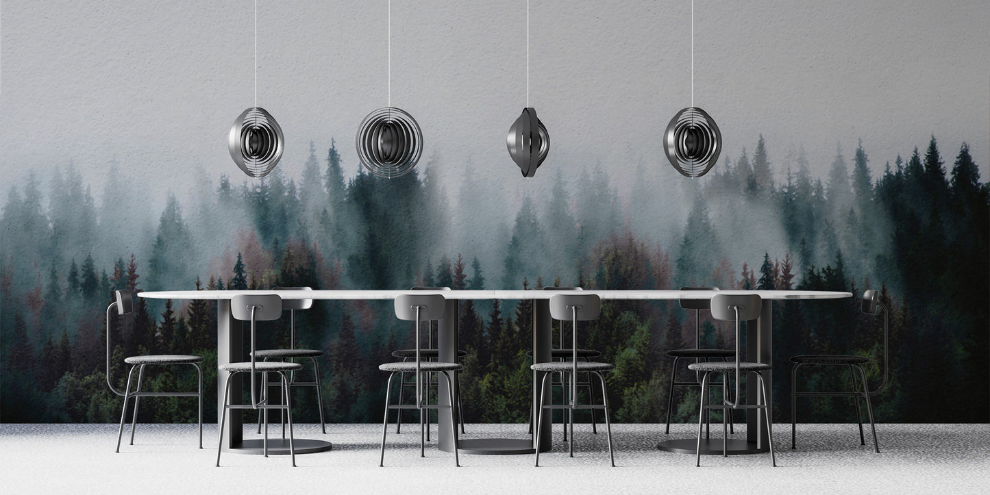 Misty forest fog wall mural for serene decor
