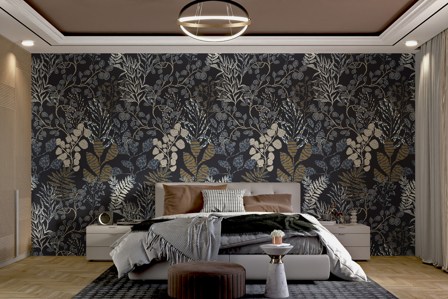 Gold Leaf and Midnight Botanical Pattern Mural
