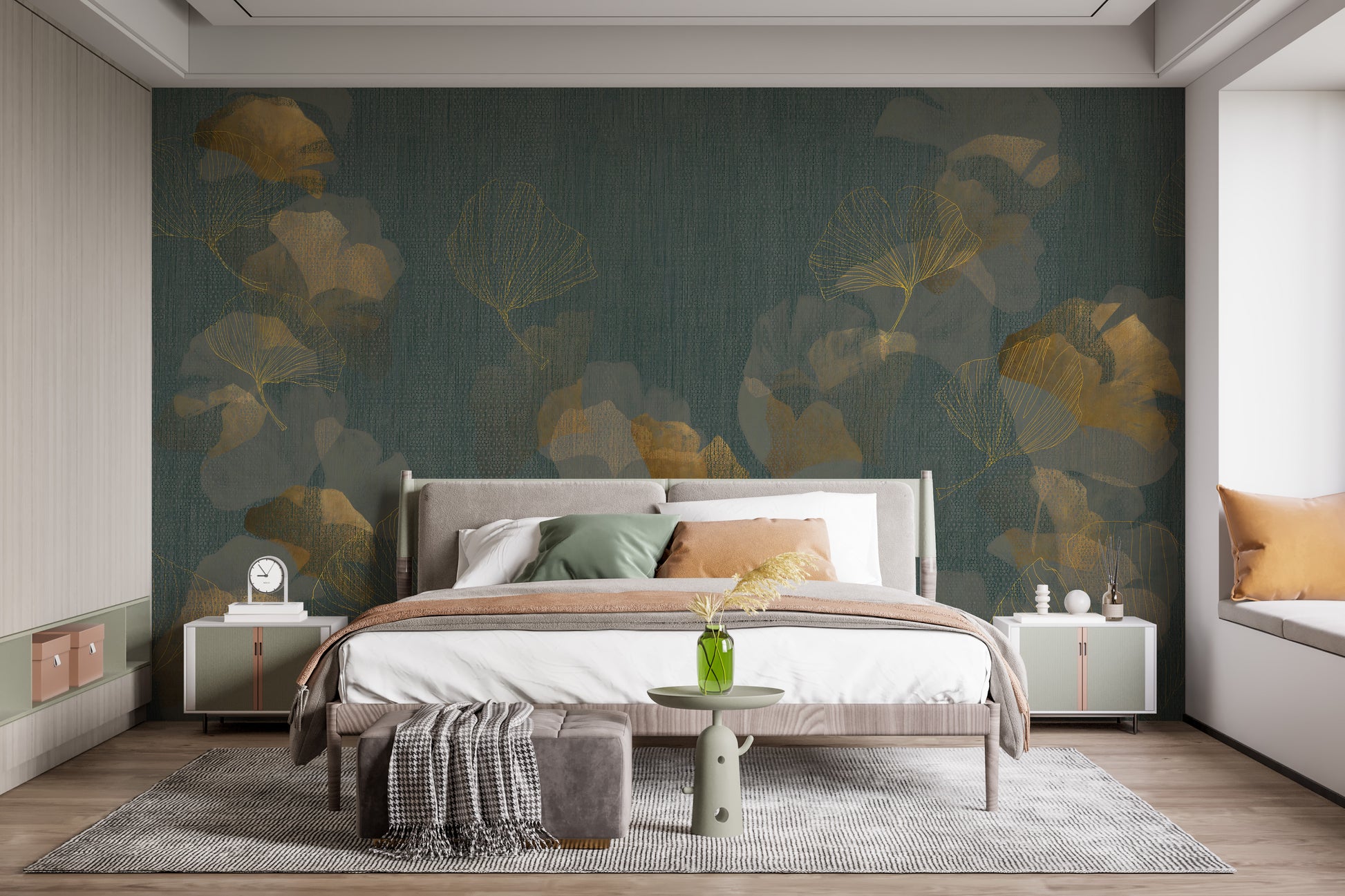 Elegant wallpaper mural featuring shimmering gold leaves
