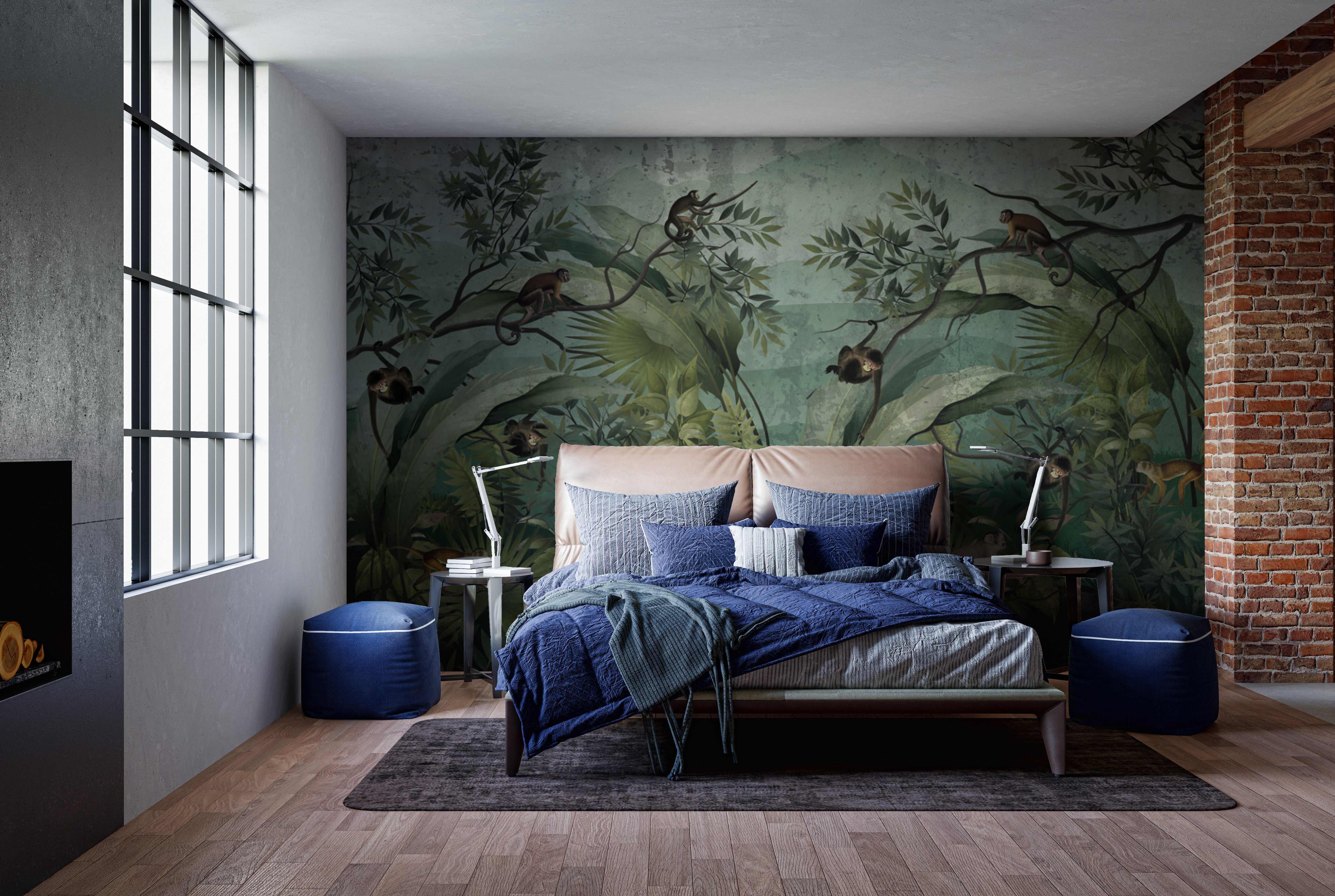 Playful monkeys in a vibrant jungle wallpaper mural
