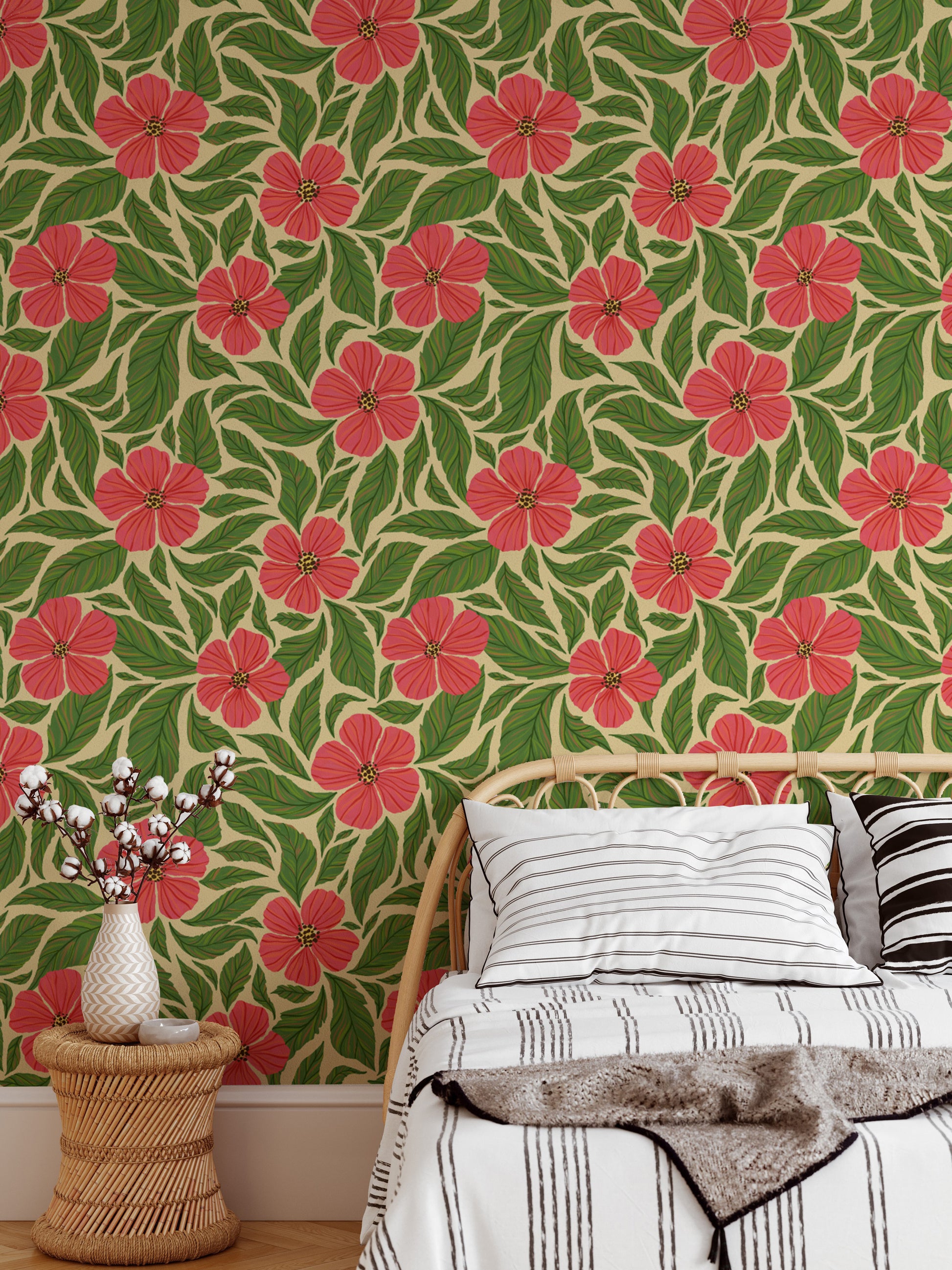 Vibrant pink flowers dance wallpaper for cheerful, bold spaces.
