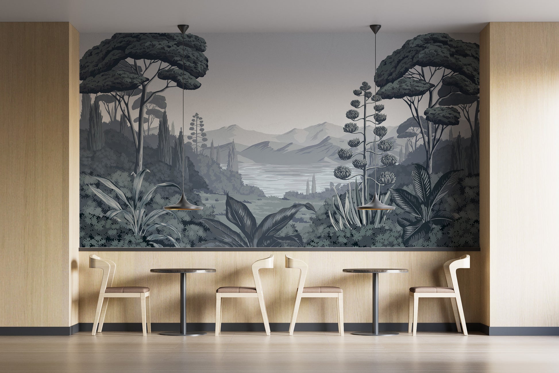 Grayscale botanical wall mural with serene mountain view
