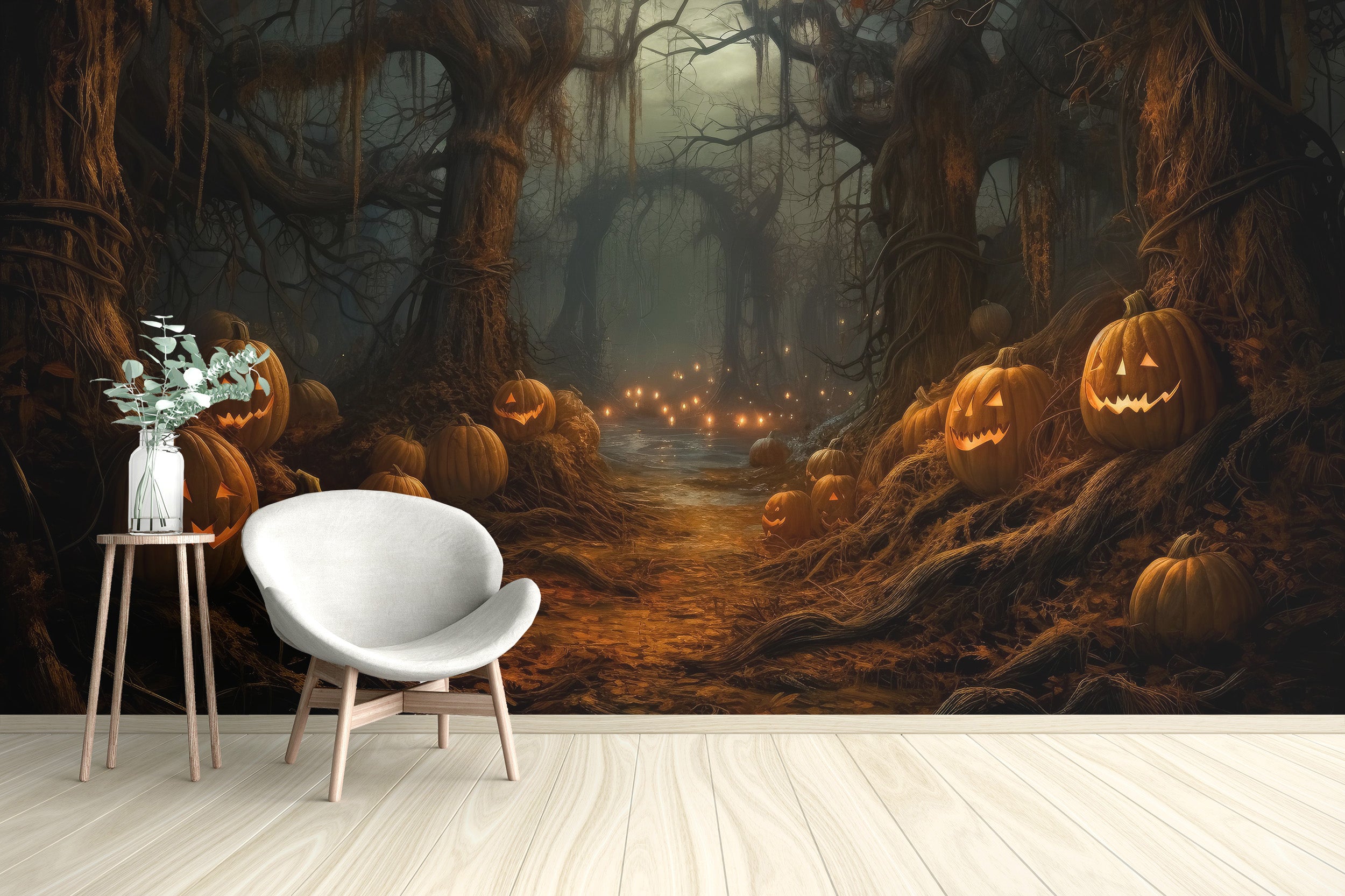 Dark Pumpkin Forest Wall Mural Wallpaper