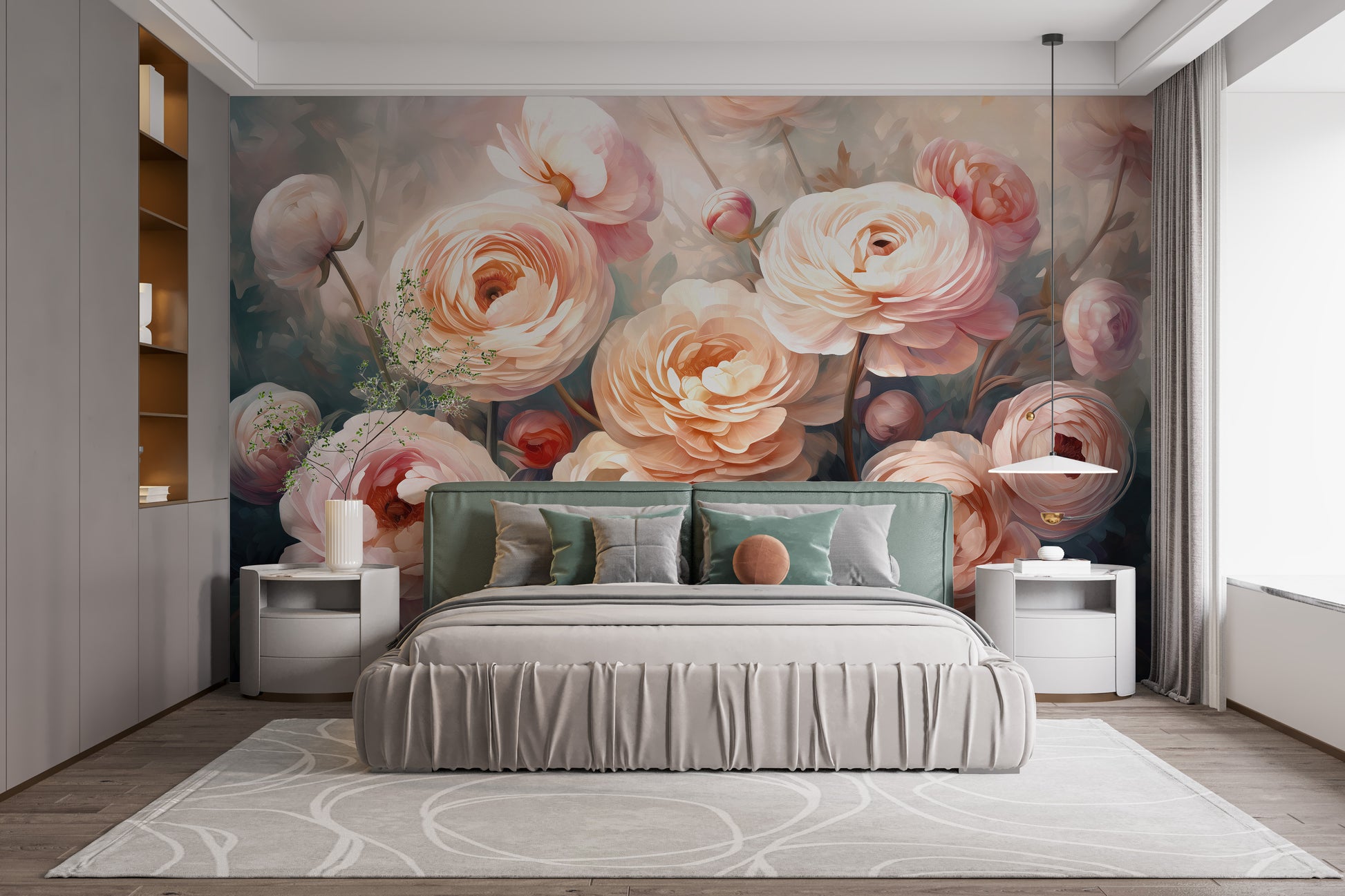 Ranunculus pink flower wallpaper mural for a peaceful, nature-inspired decor.