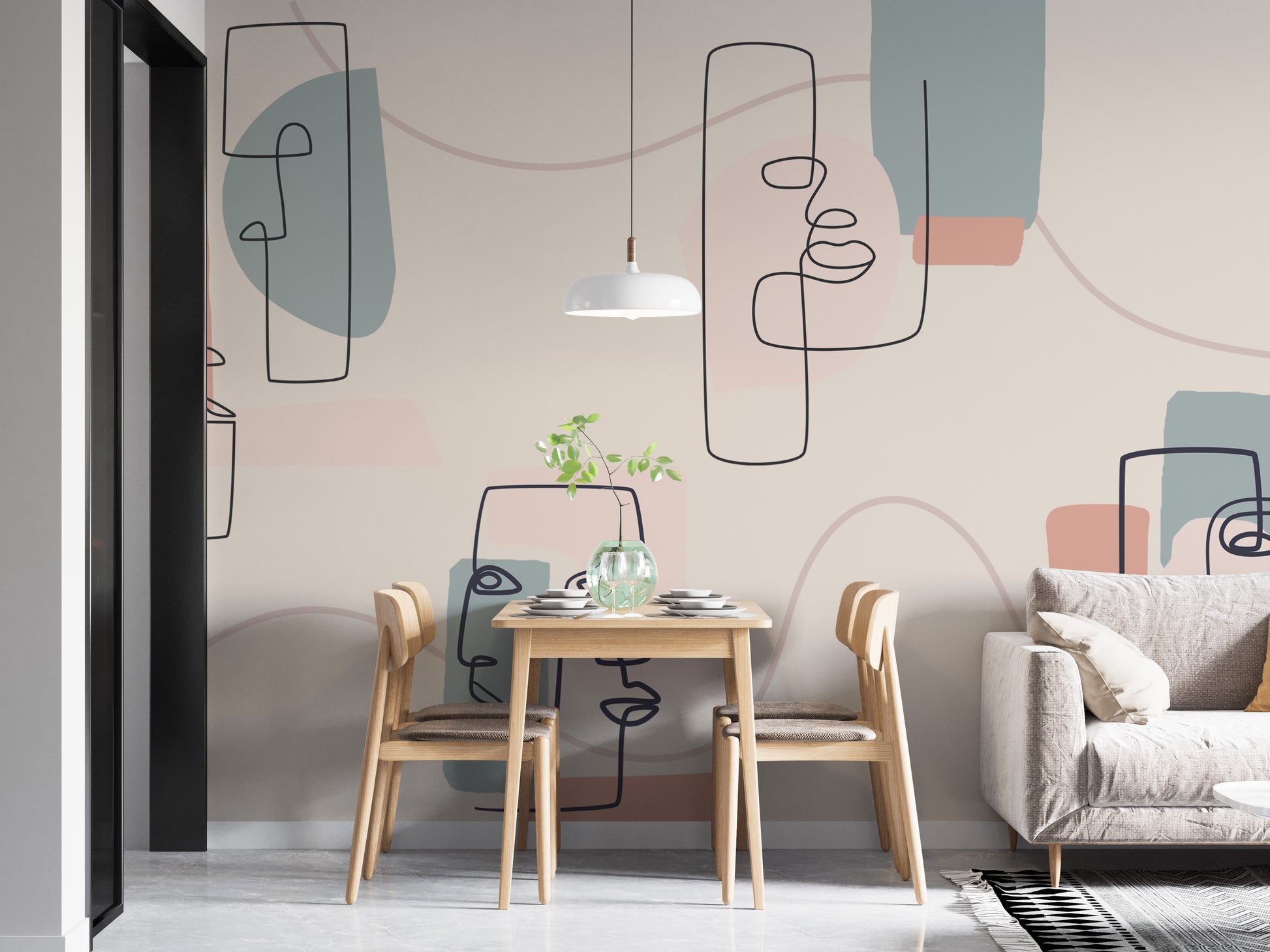 Artistic facial contours mural perfect for chic, contemporary decor.
