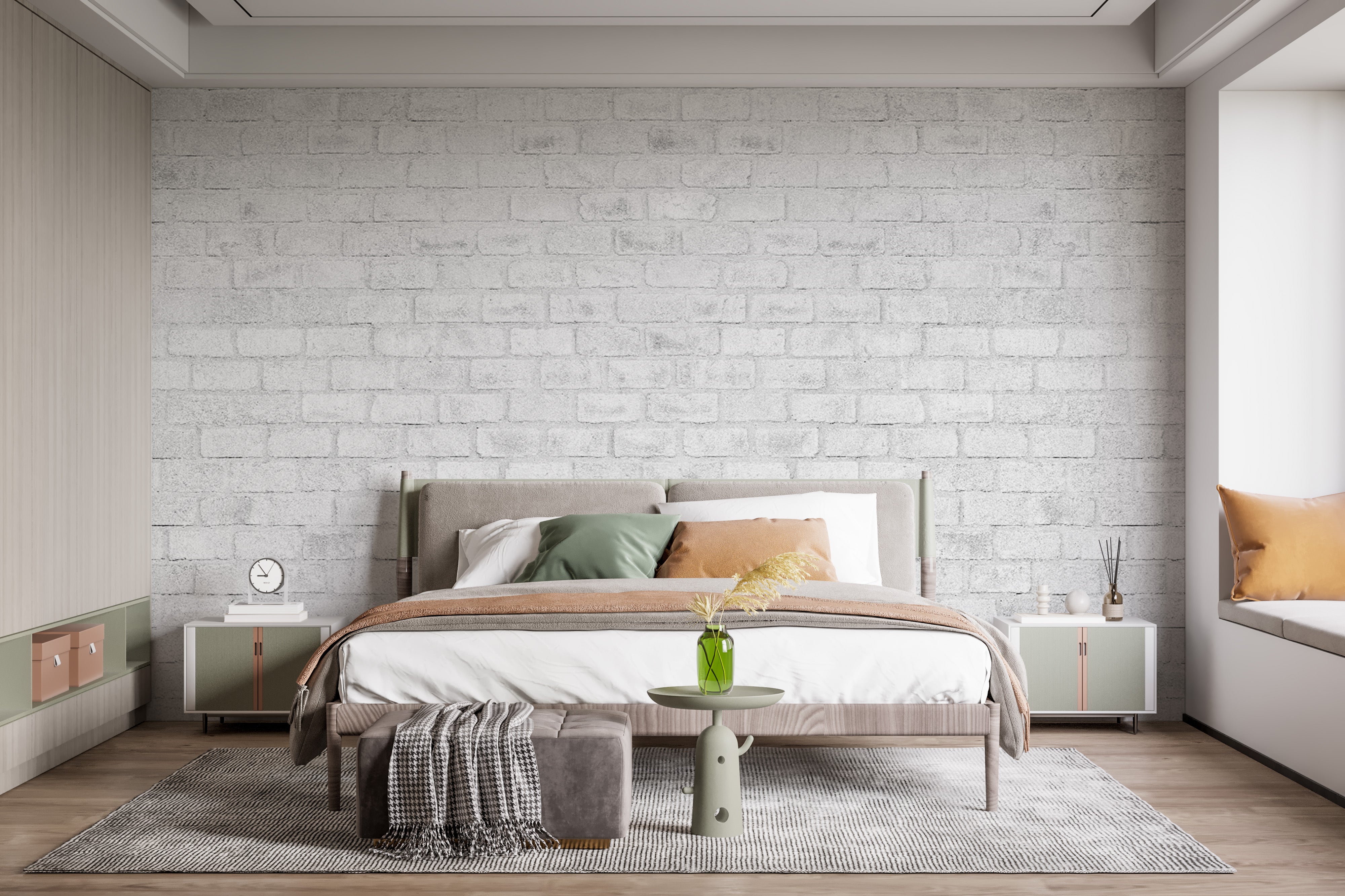 Modern wallpaper featuring white brick texture details
