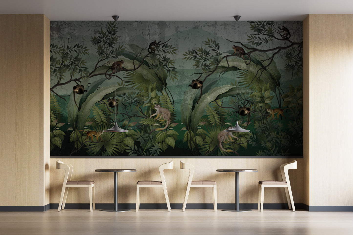 Lush botanical rainforest wallpaper with swinging monkeys
