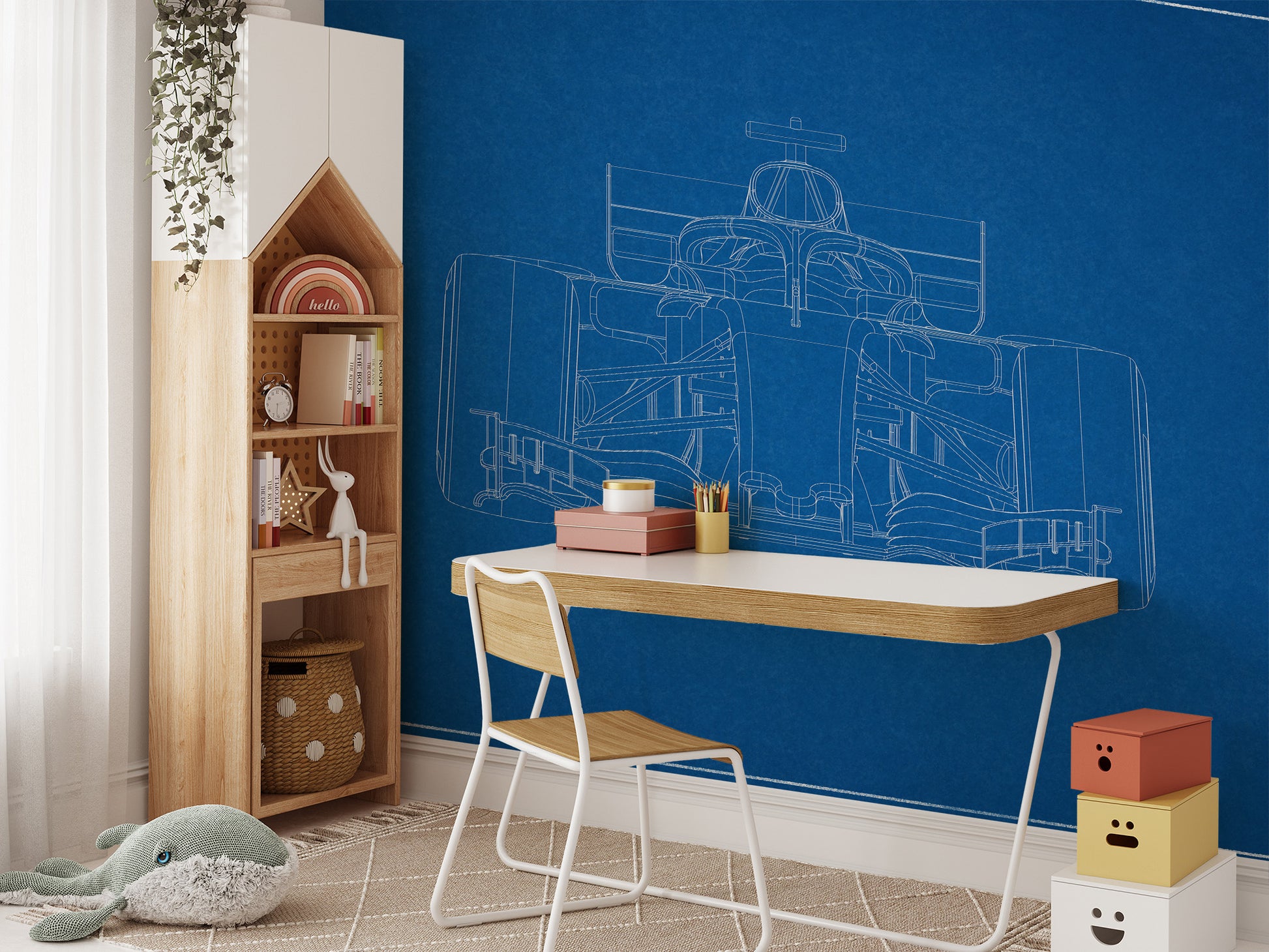 Formula One car mural in a blueprint aesthetic
