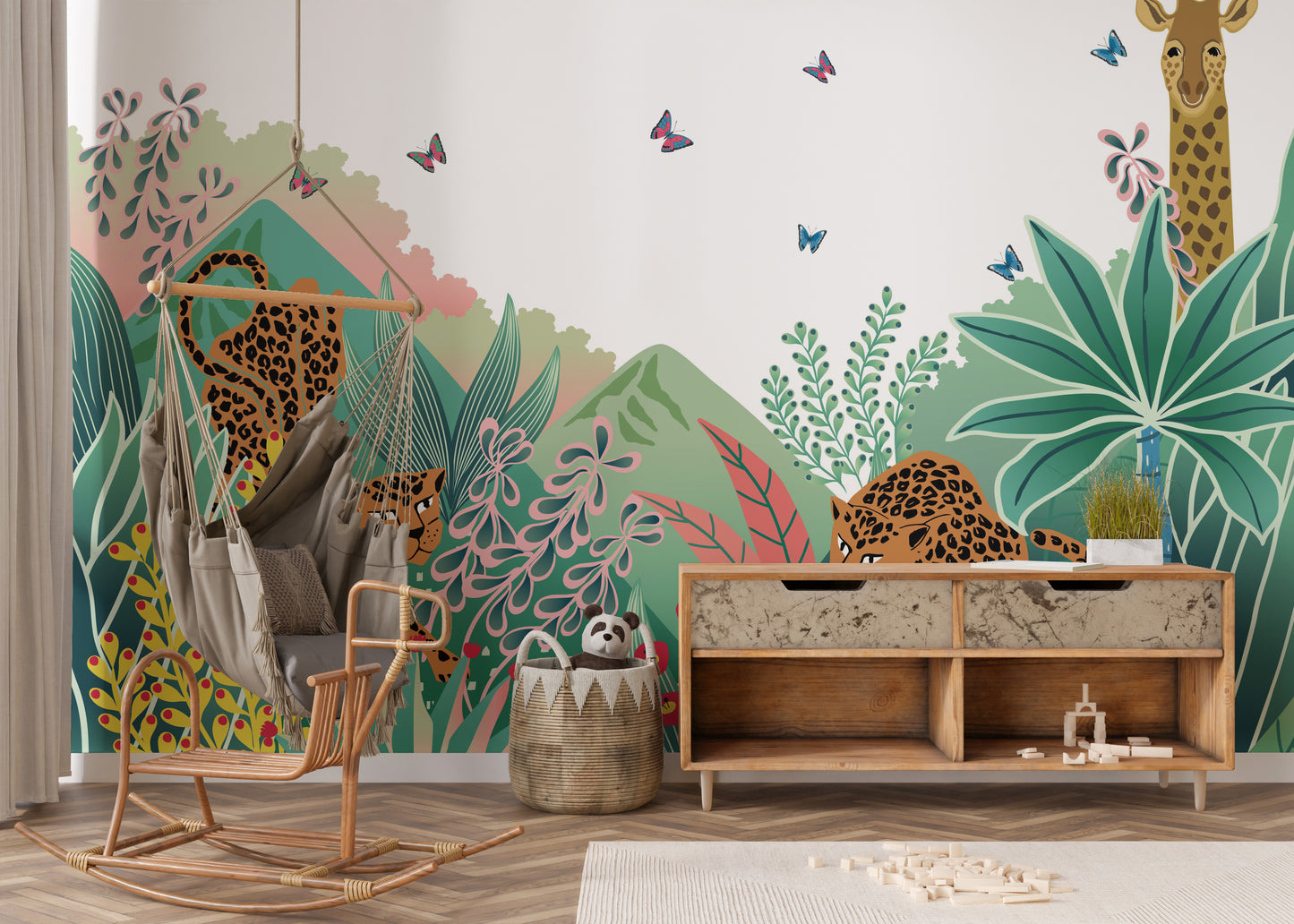 Colorful safari scene with leopard mural
