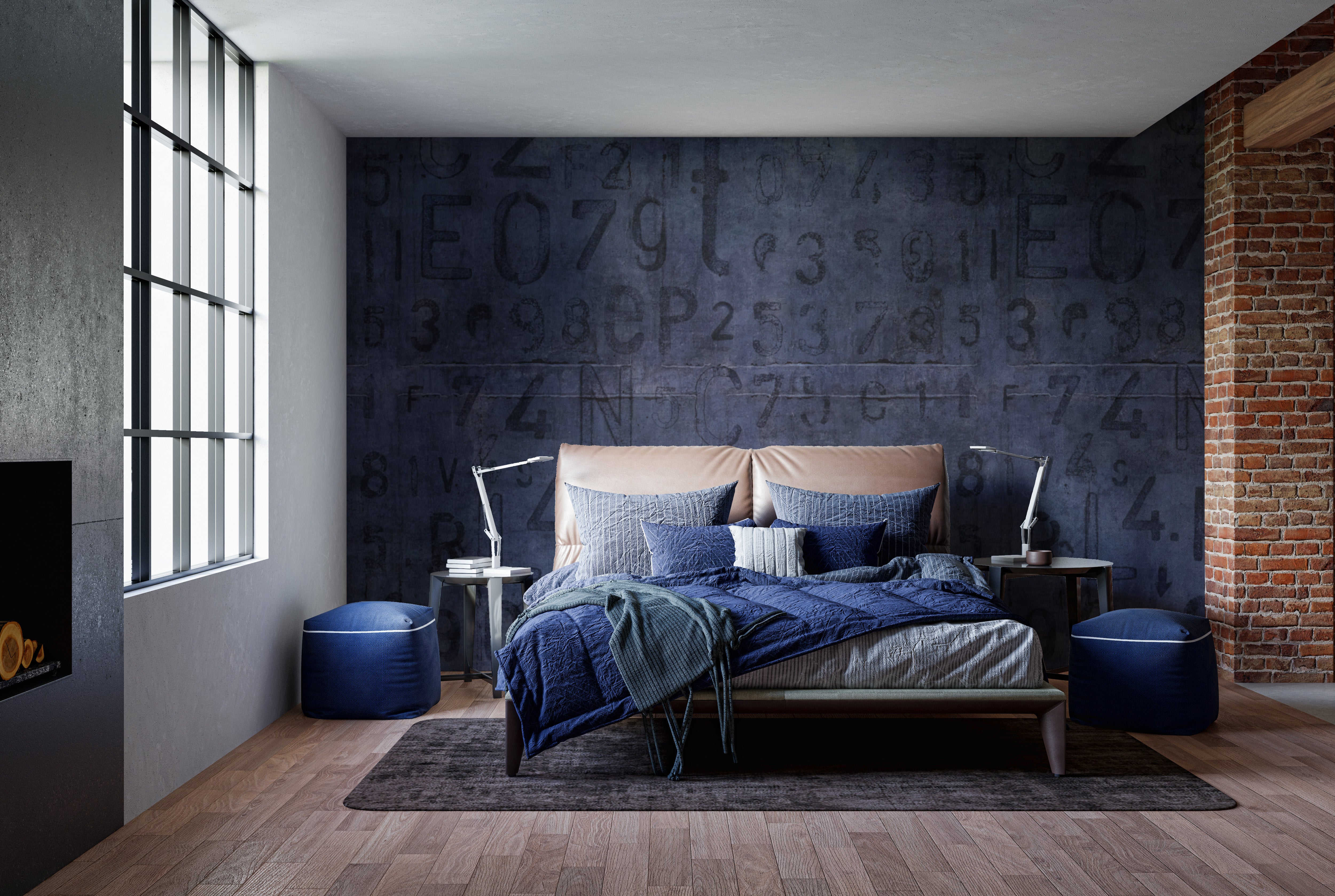 Urban loft-style mural with stencil text design
