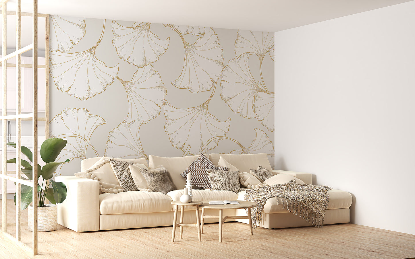 Abstract Gold Ginkgo Plant Wallpaper Mural