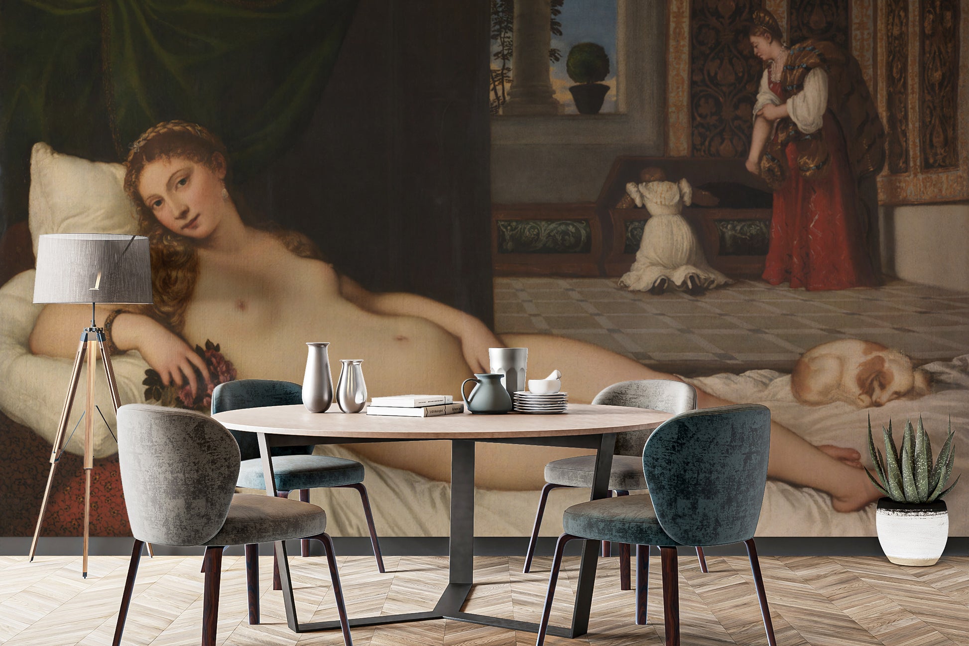 Renaissance wall mural featuring Titian's Venus of Urbino painting.
