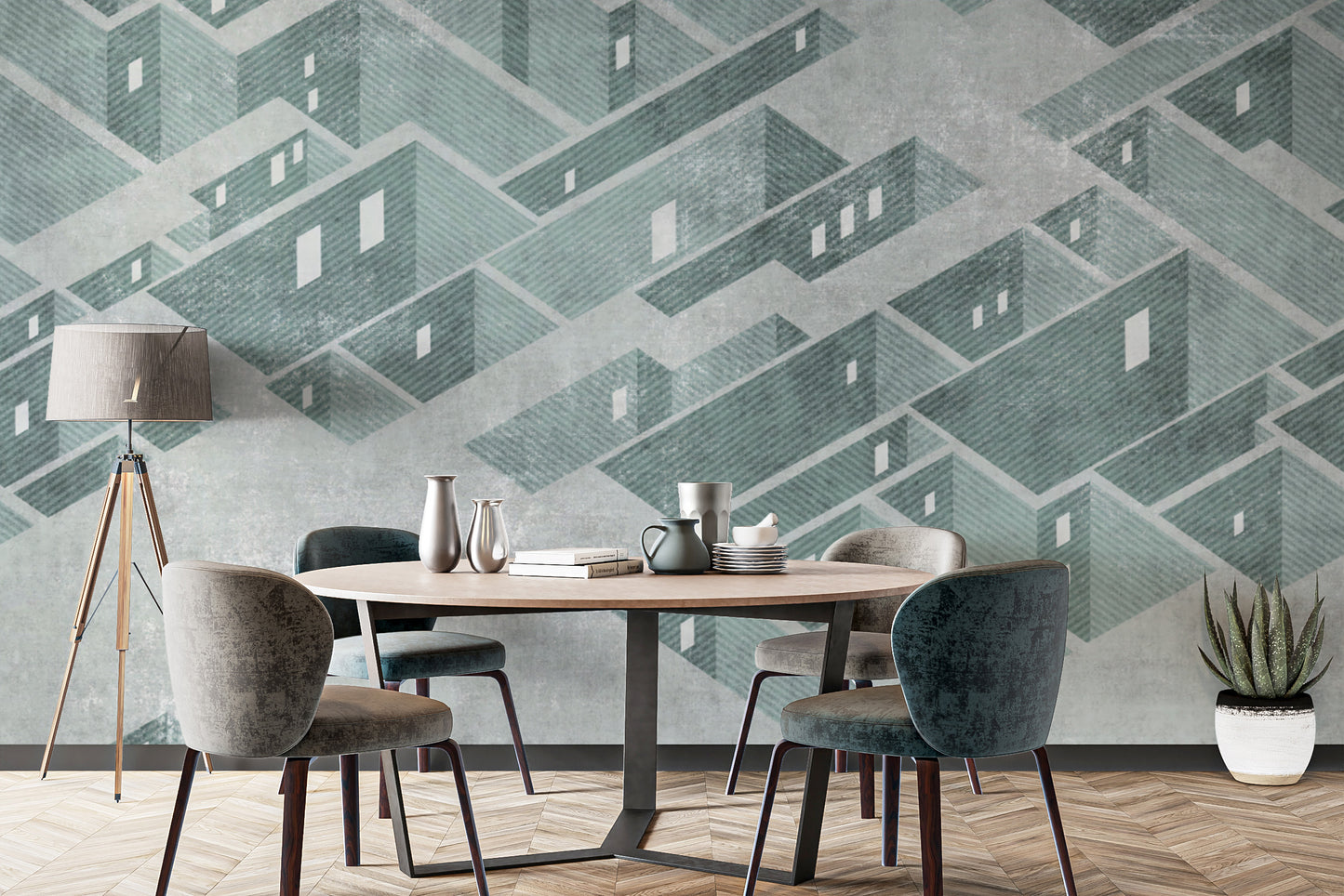 Mint green abstract wall mural with architectural patterns
