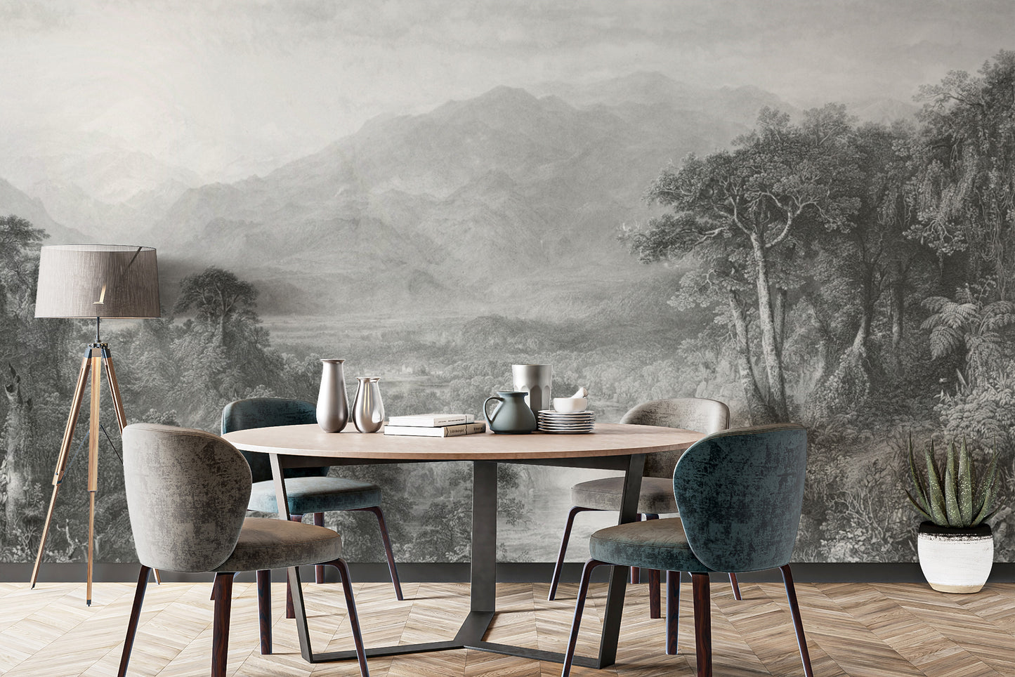 Antique-style forest and mountain wallpaper for decor
