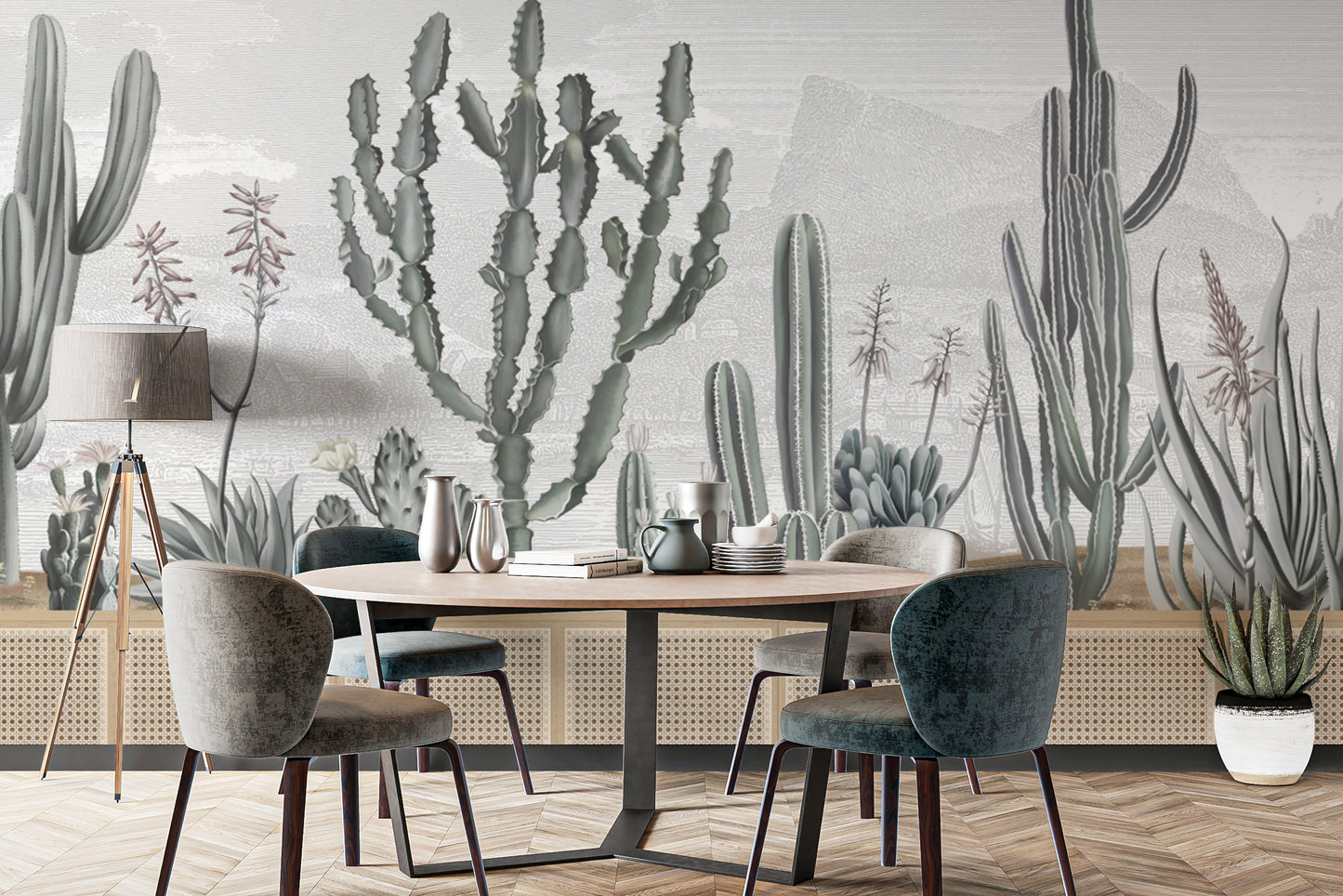 Greenery botanical wallpaper with elegant cacti design
