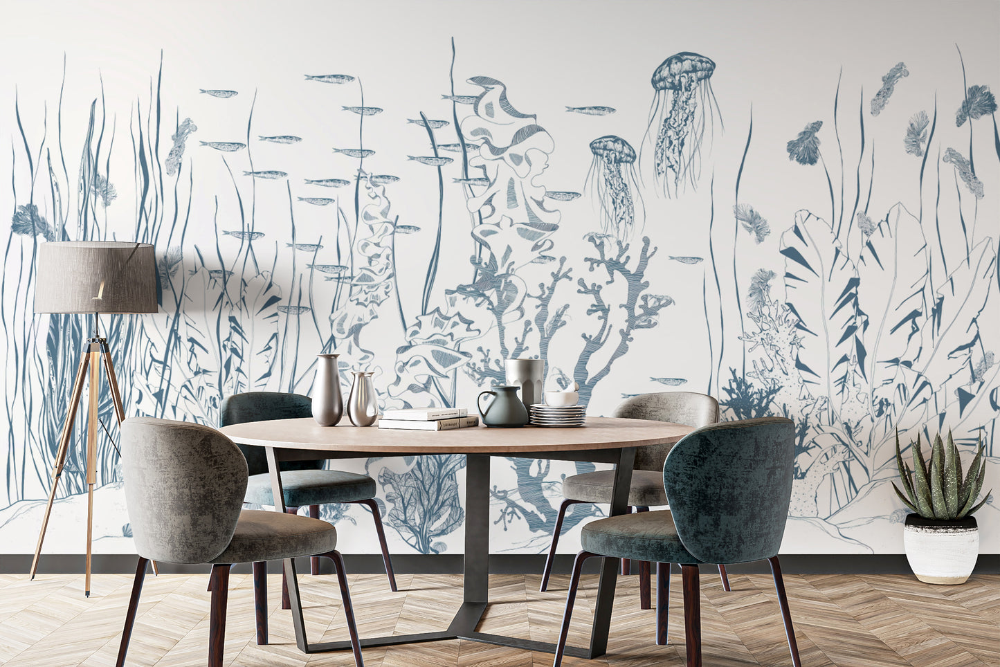 Elegant ocean wall mural featuring marine elements
