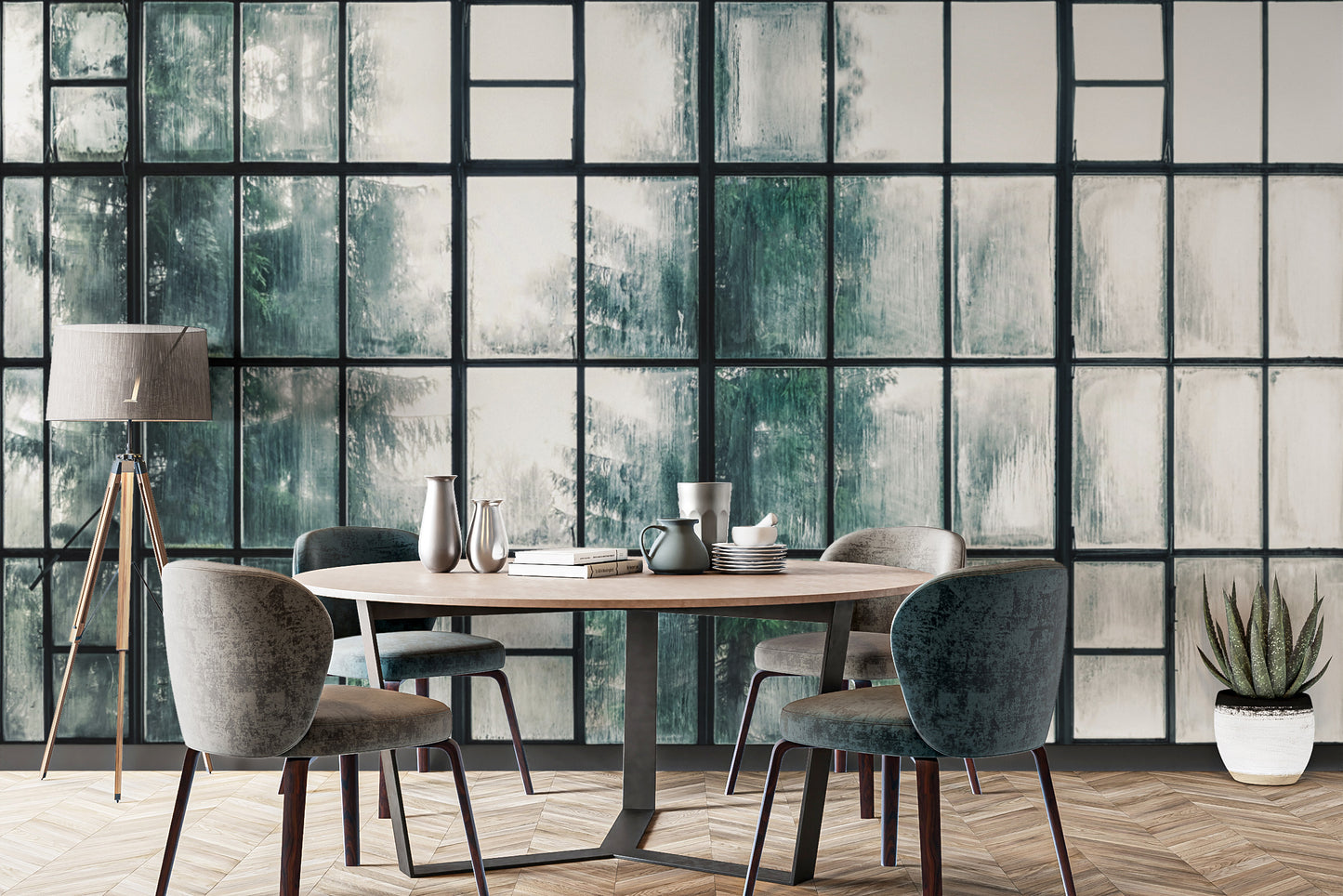 Soft misty effect on industrial window wallpaper
