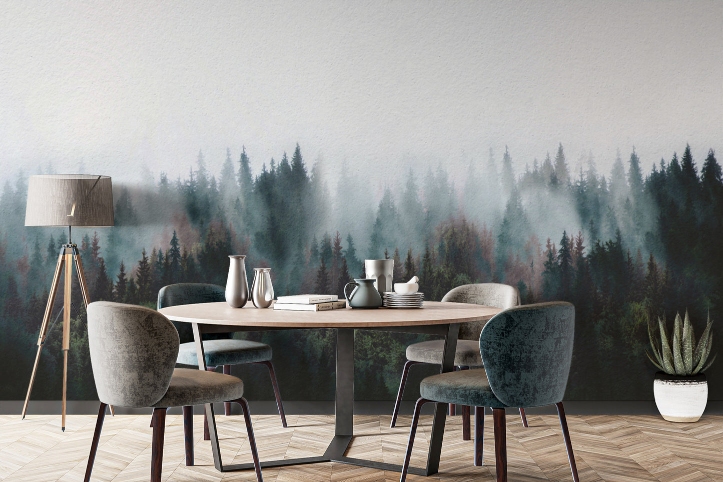 Foggy pine trees mural with nature aesthetic
