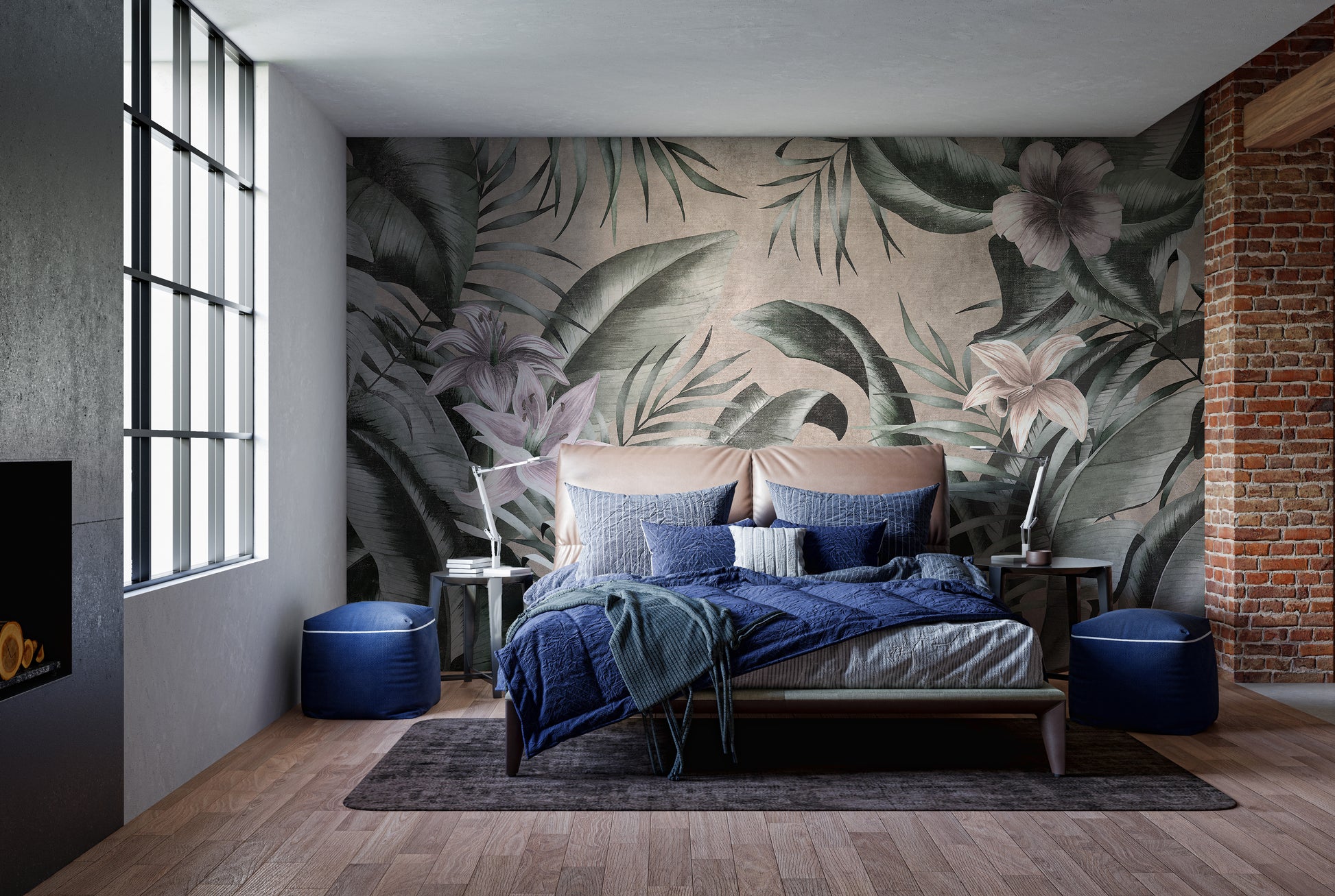 Green leaves on gray wallpaper mural for a serene wall decor.
