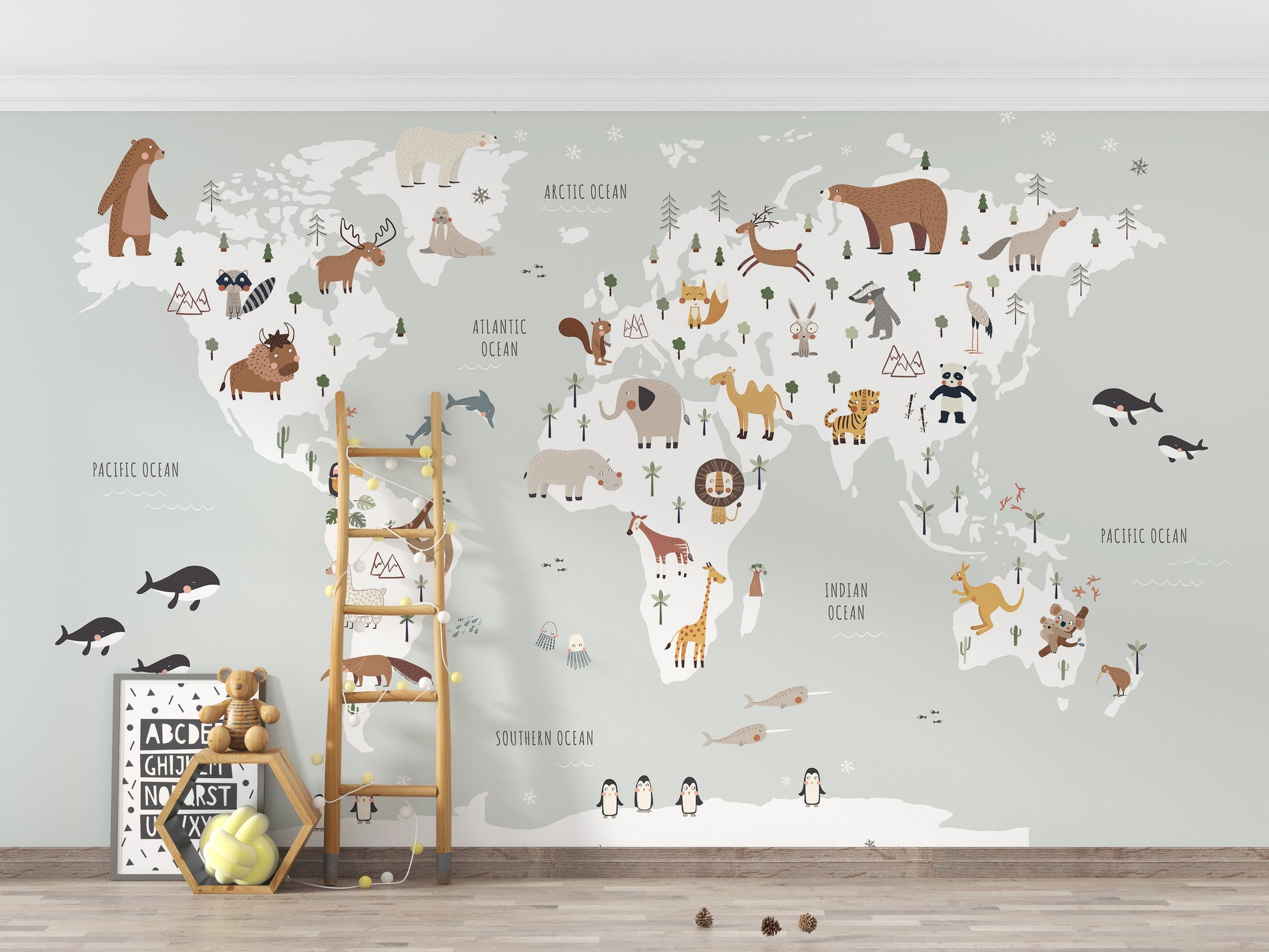 Fun wildlife map wallpaper for nursery walls
