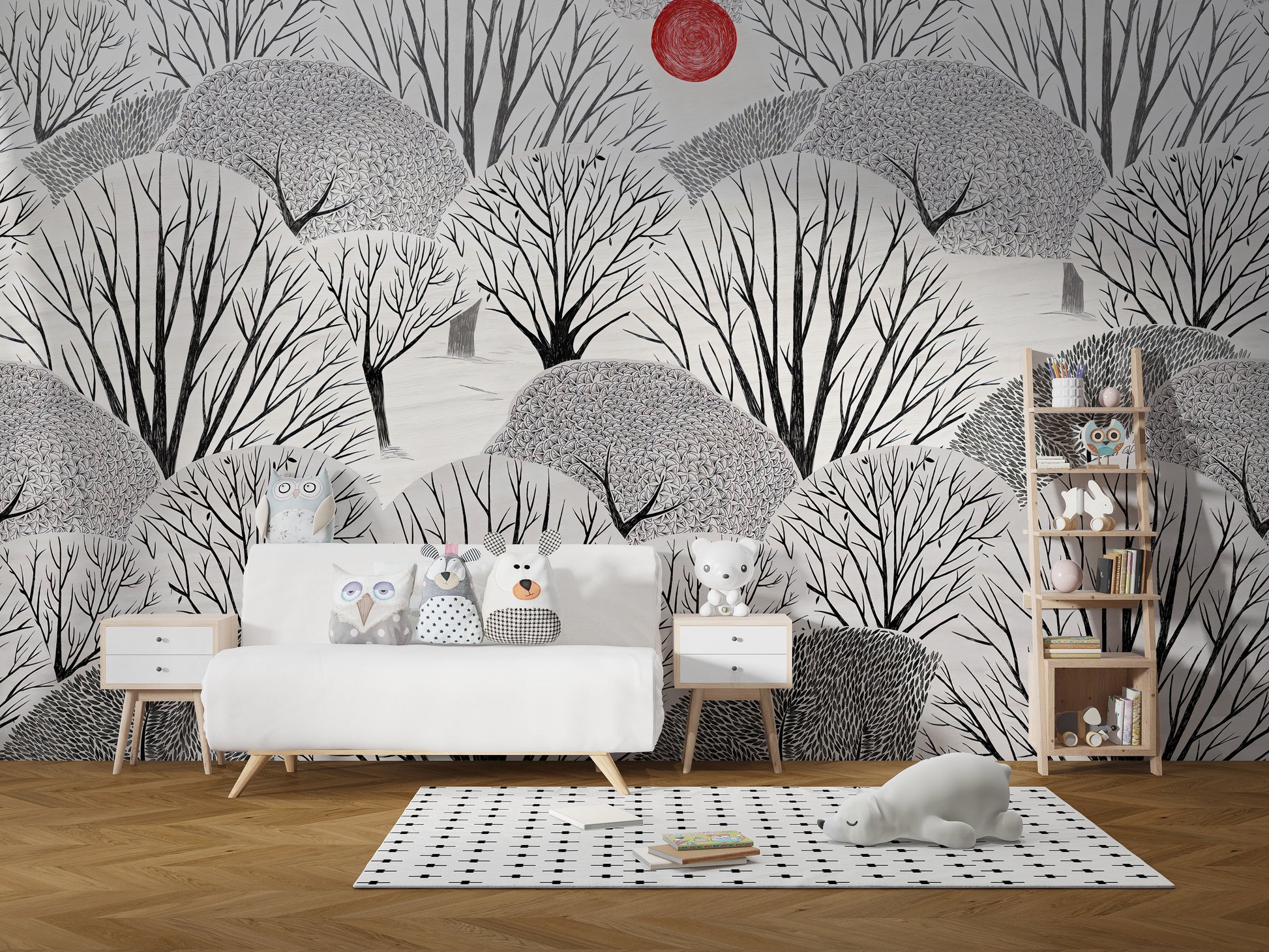 Elegant artistic black and white tree mural