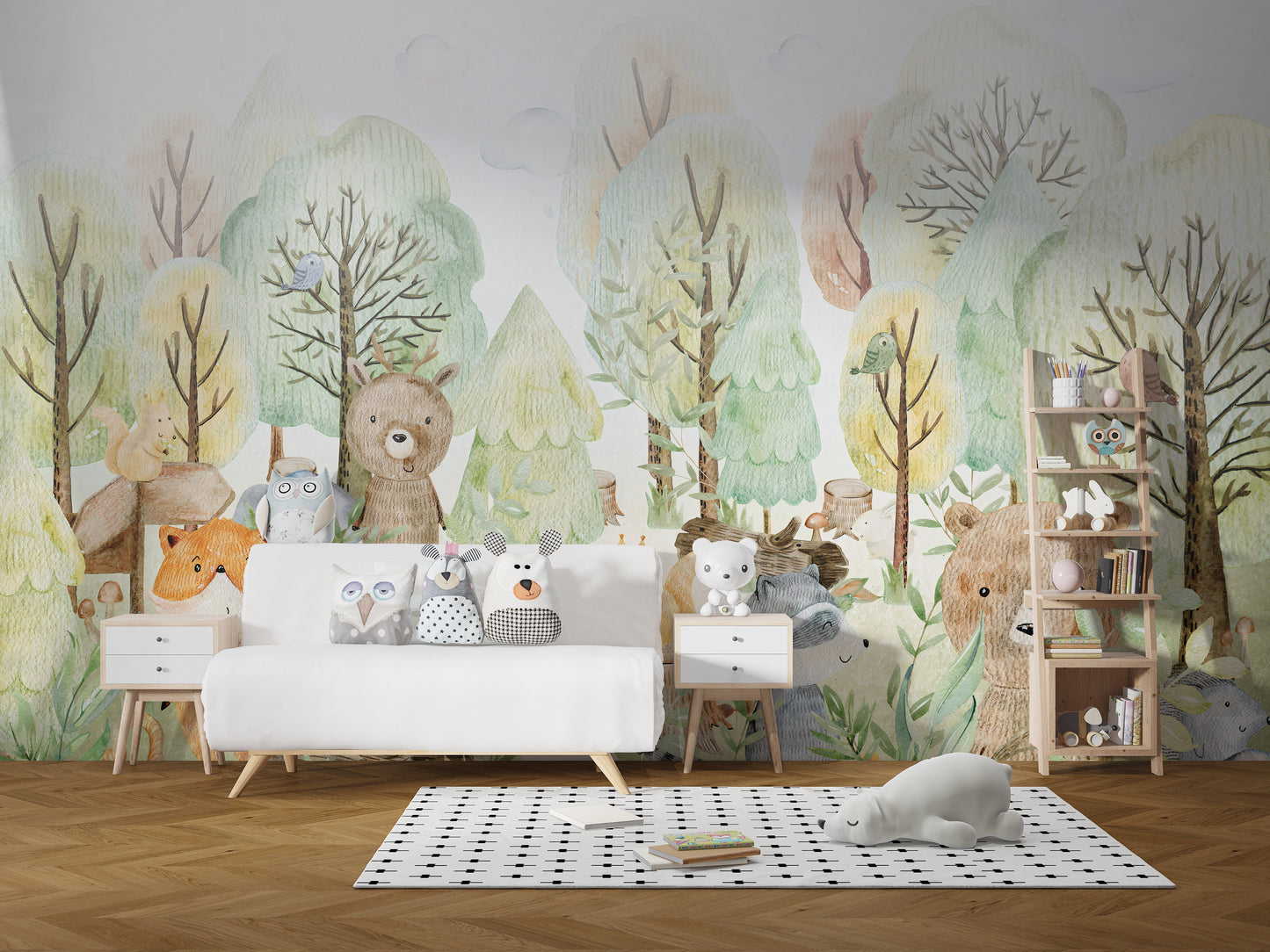 Playful bears doodle-themed wall mural design
