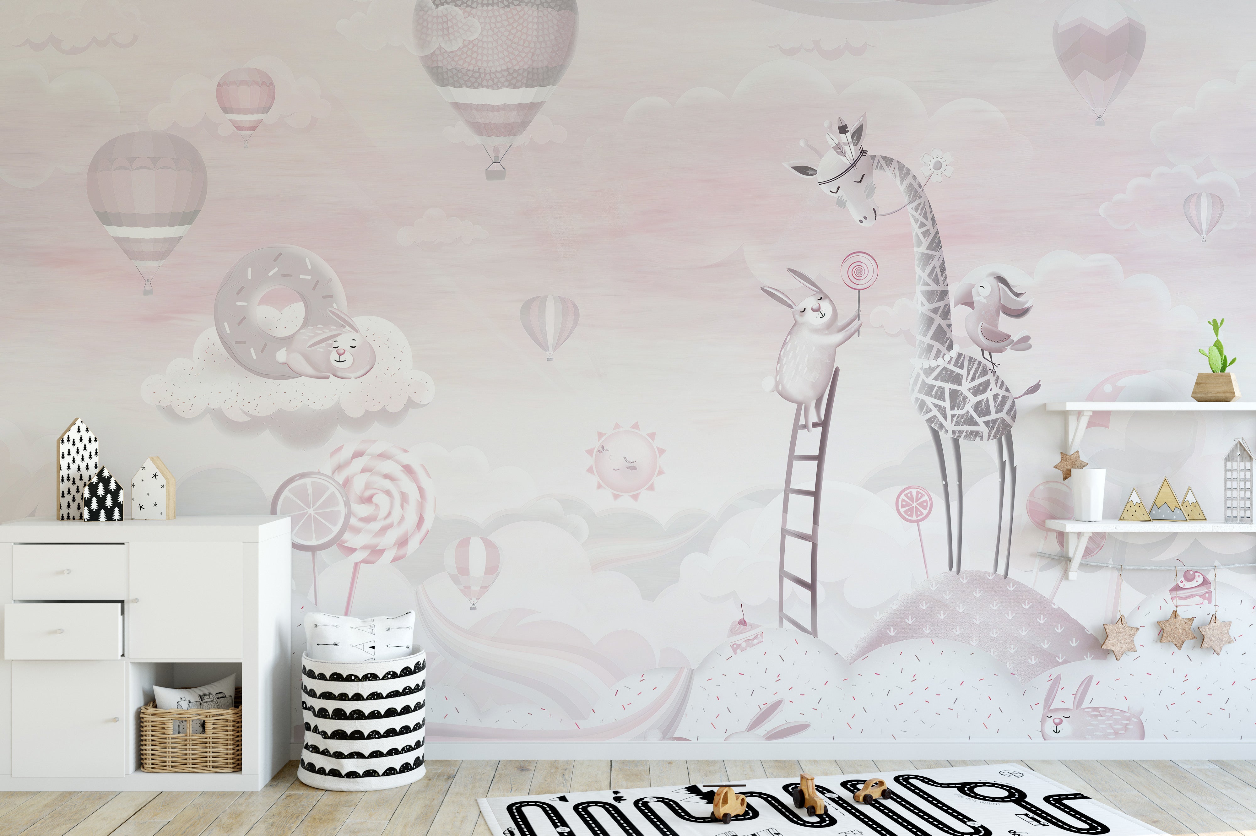 Fun candy-themed pink mural for children
