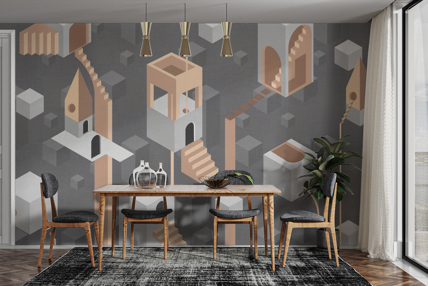 Beige and Gray Surreal Geometric Architecture Wallpaper Design
