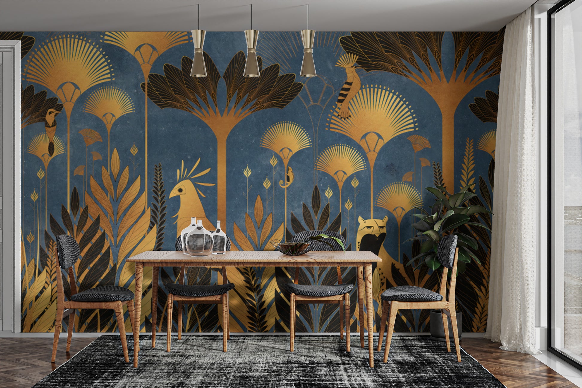 Blue jungle wallpaper featuring golden parrots and palm leaves
