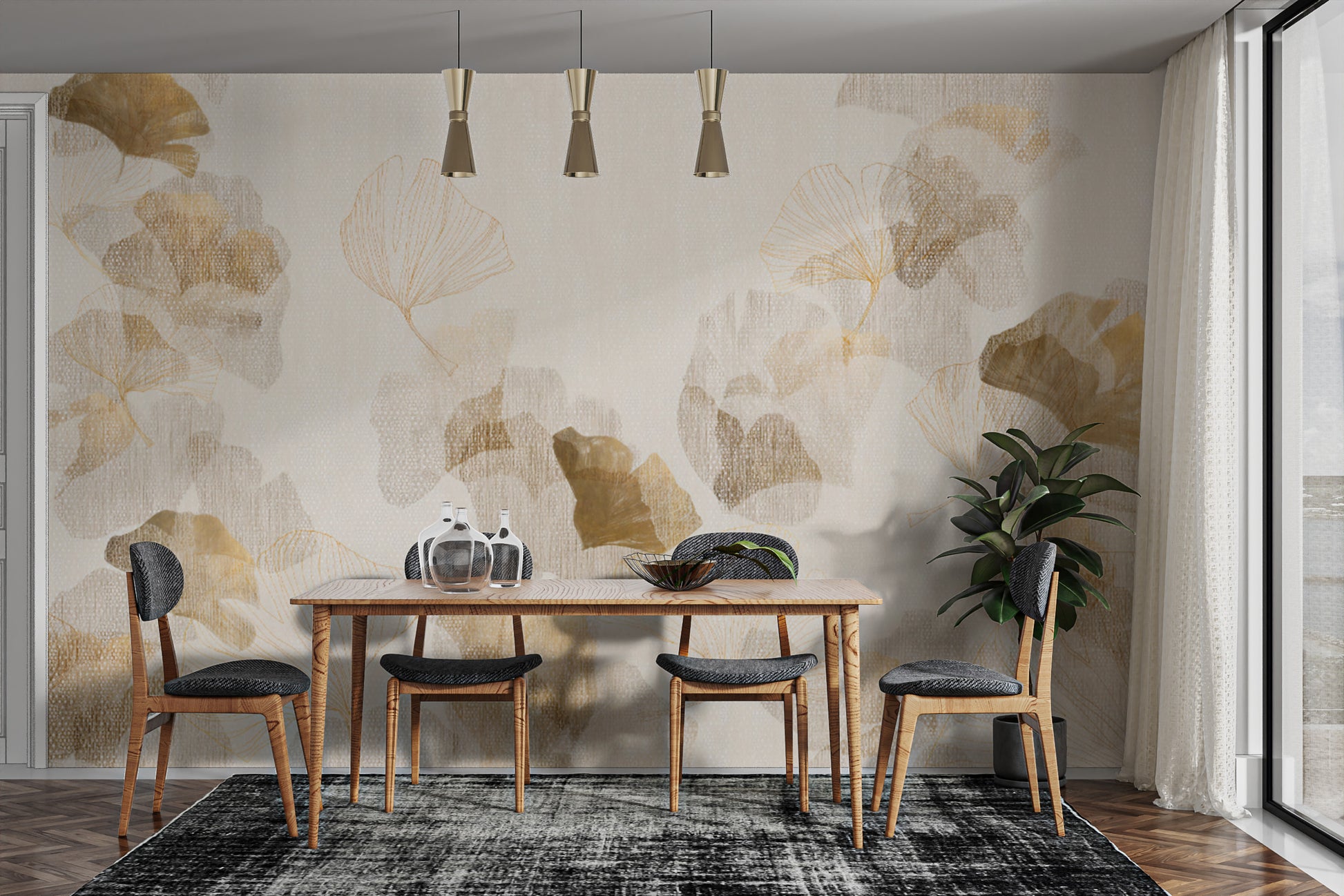 Modern light beige wallpaper featuring golden ginkgo leaves
