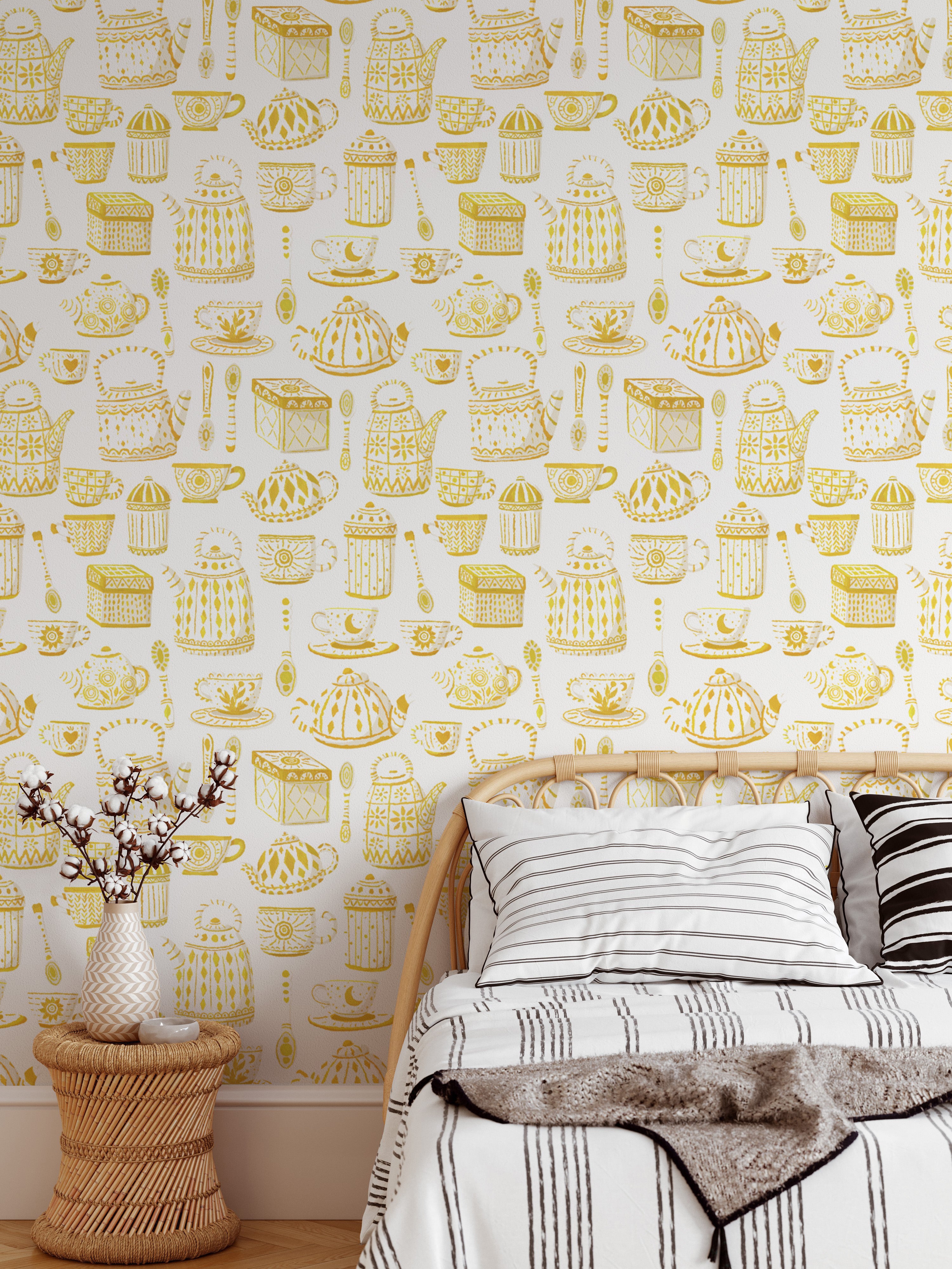 Classic tea set design in vibrant yellow wallpaper for charm.
