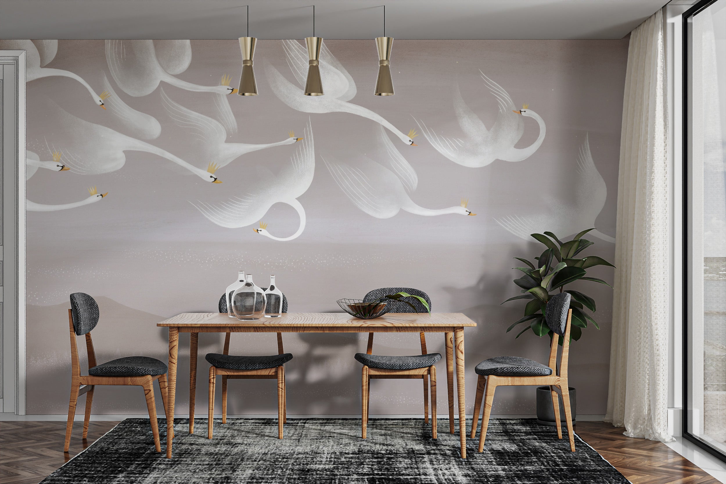 Flying swans mural with neutral tones for a peaceful look
