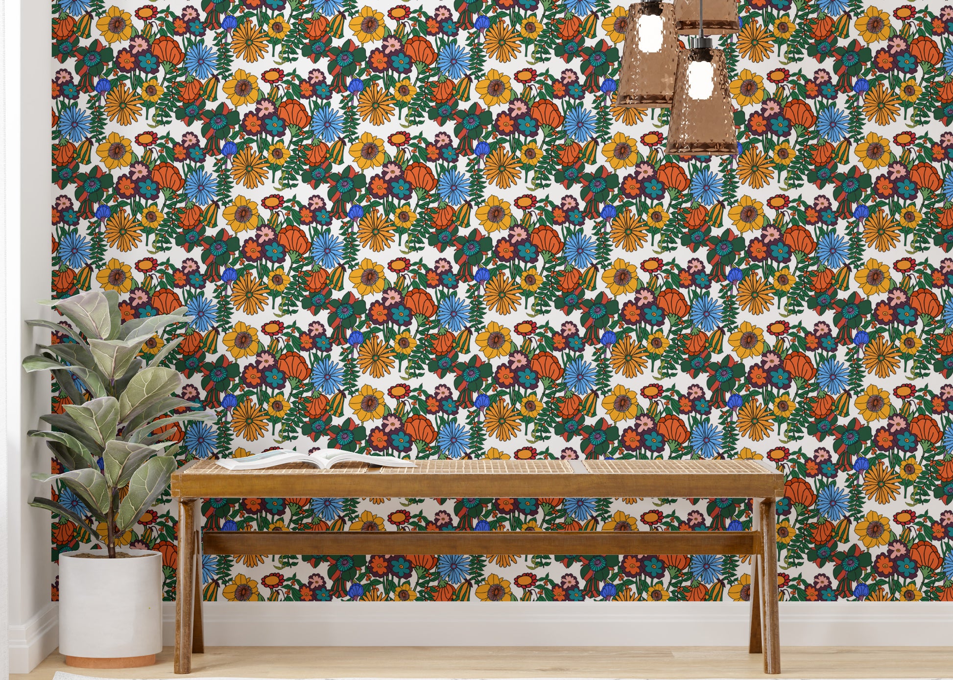 Artistic patterns in Retro 60s Floral White Background Wallpaper