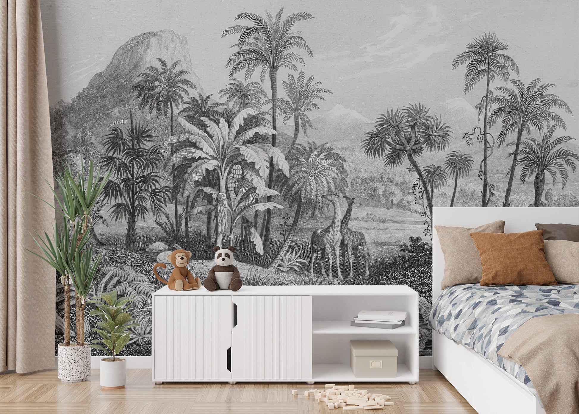 Monochrome Vintage Jungle Mural Wallpaper