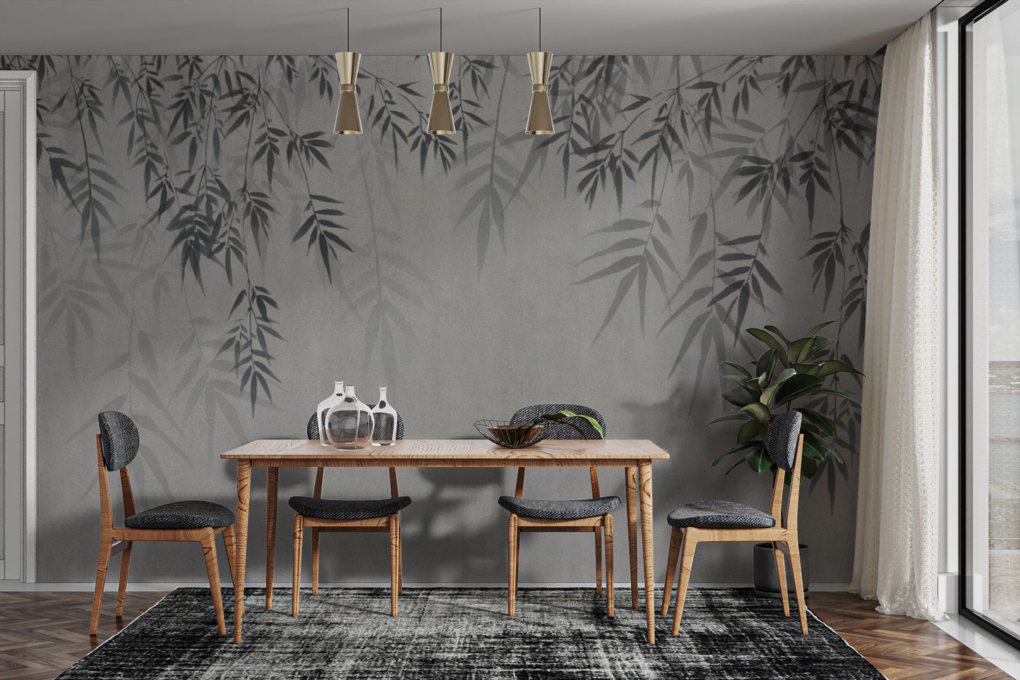 Monochrome botanical leaf wallpaper for serene ambiance
