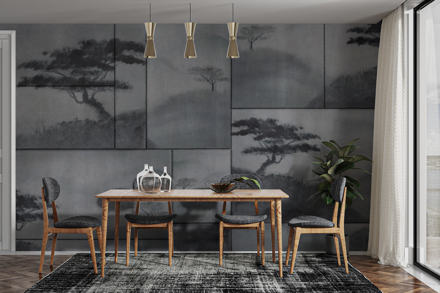 Asian brush painting wall mural with nature elements
