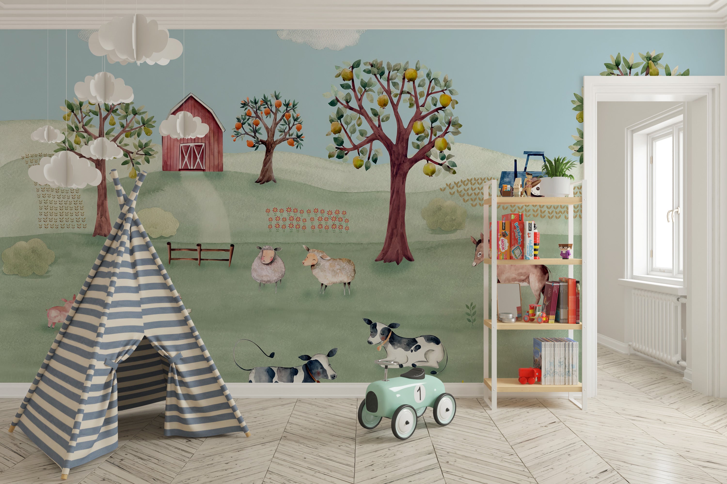 Charming countryside mural for kids' bedroom decor