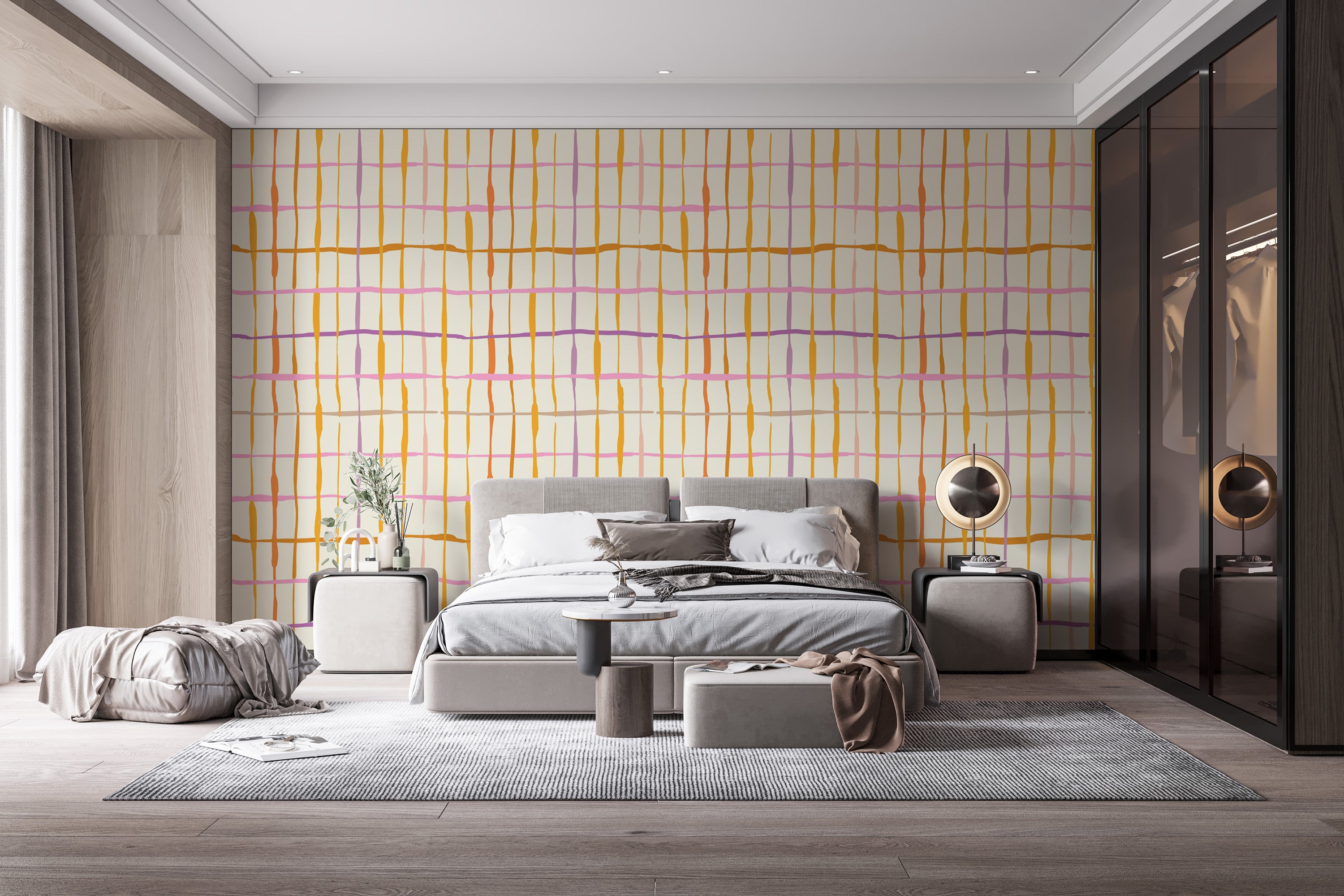 Vibrant wallpaper with bold retro line patterns
