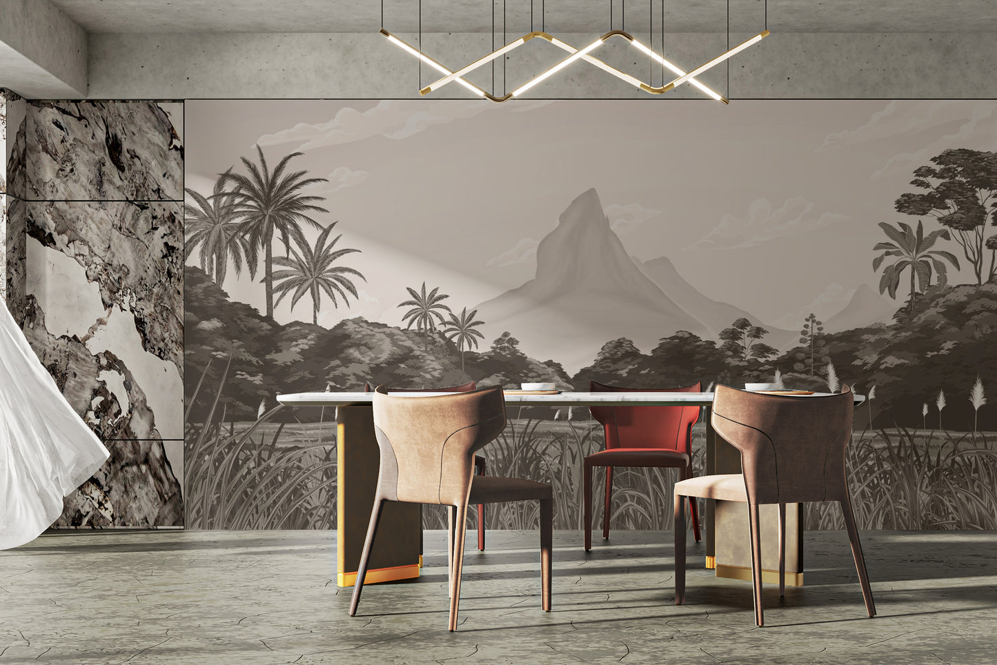 Mountain and tropical palm forest mural in grayscale tones
