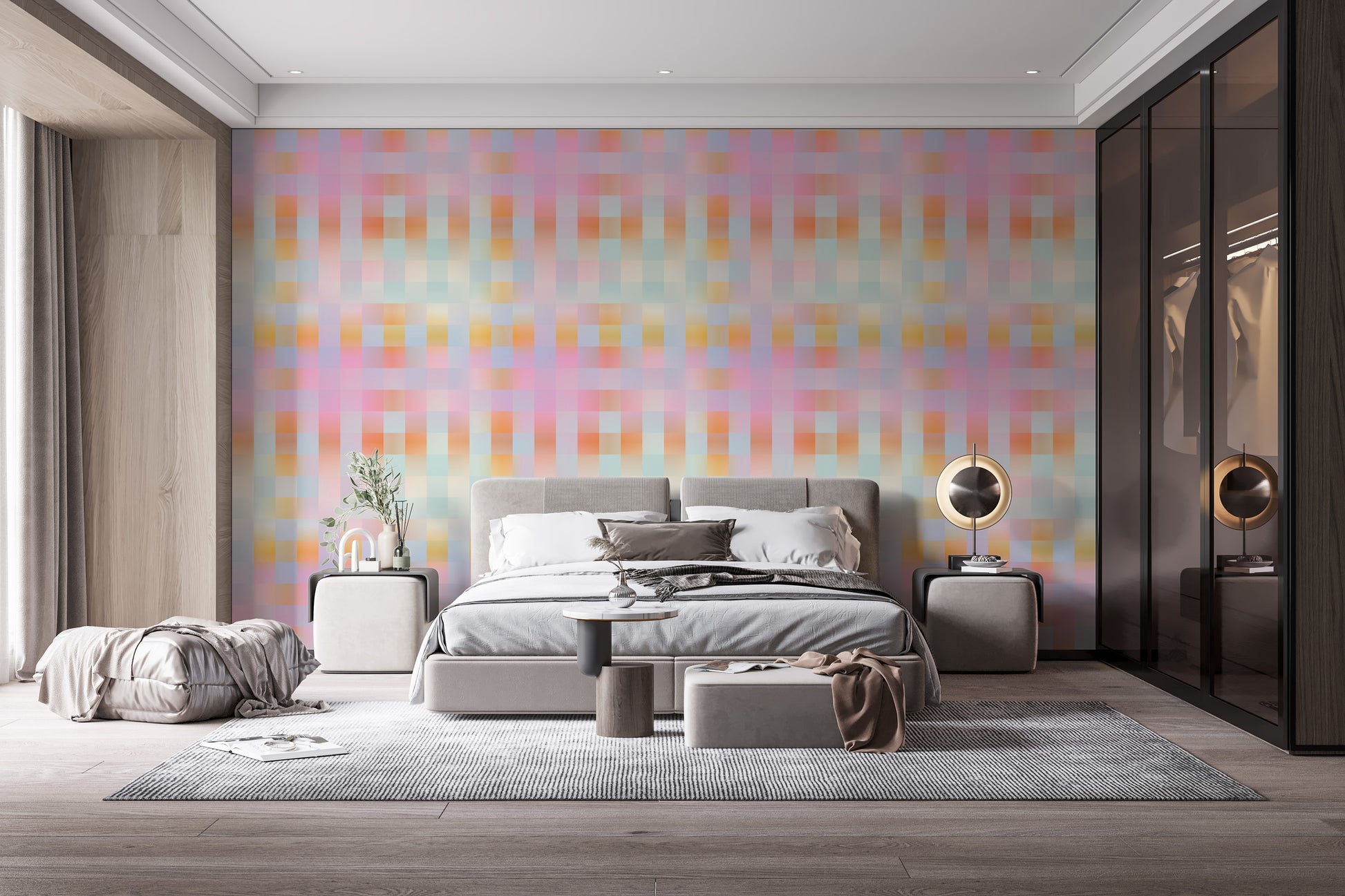 Blurred plaid wallpaper mural with soft gradient tones.