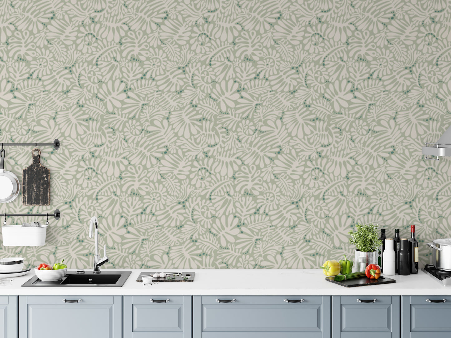 Easy-to-apply sage green Matisse leaf wallpaper