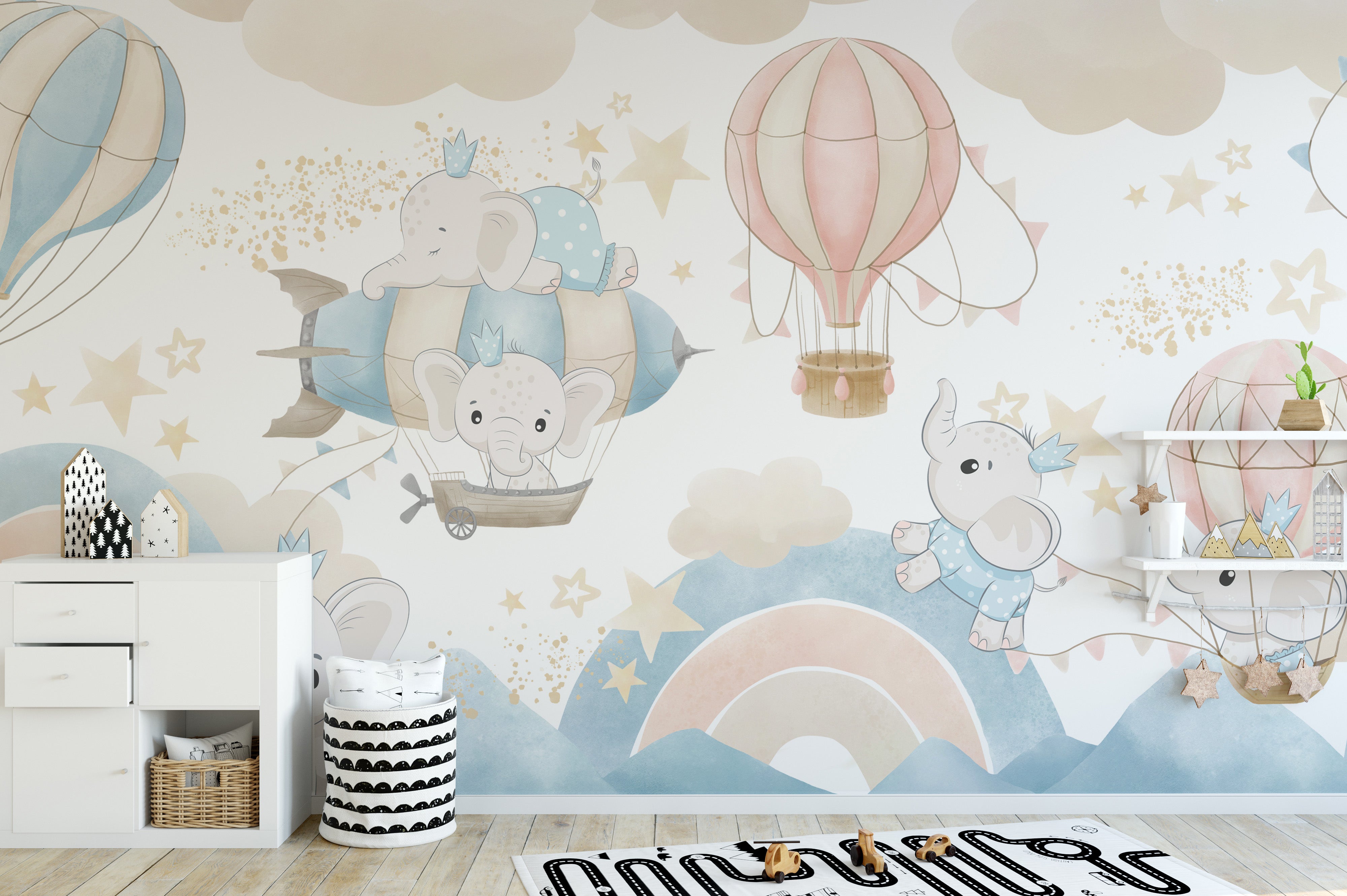 Baby Elephant Sky Adventure Mural for cozy bedrooms