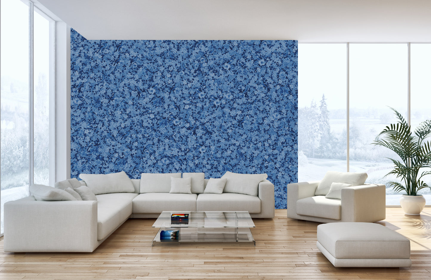 Blue flower mural with birds
