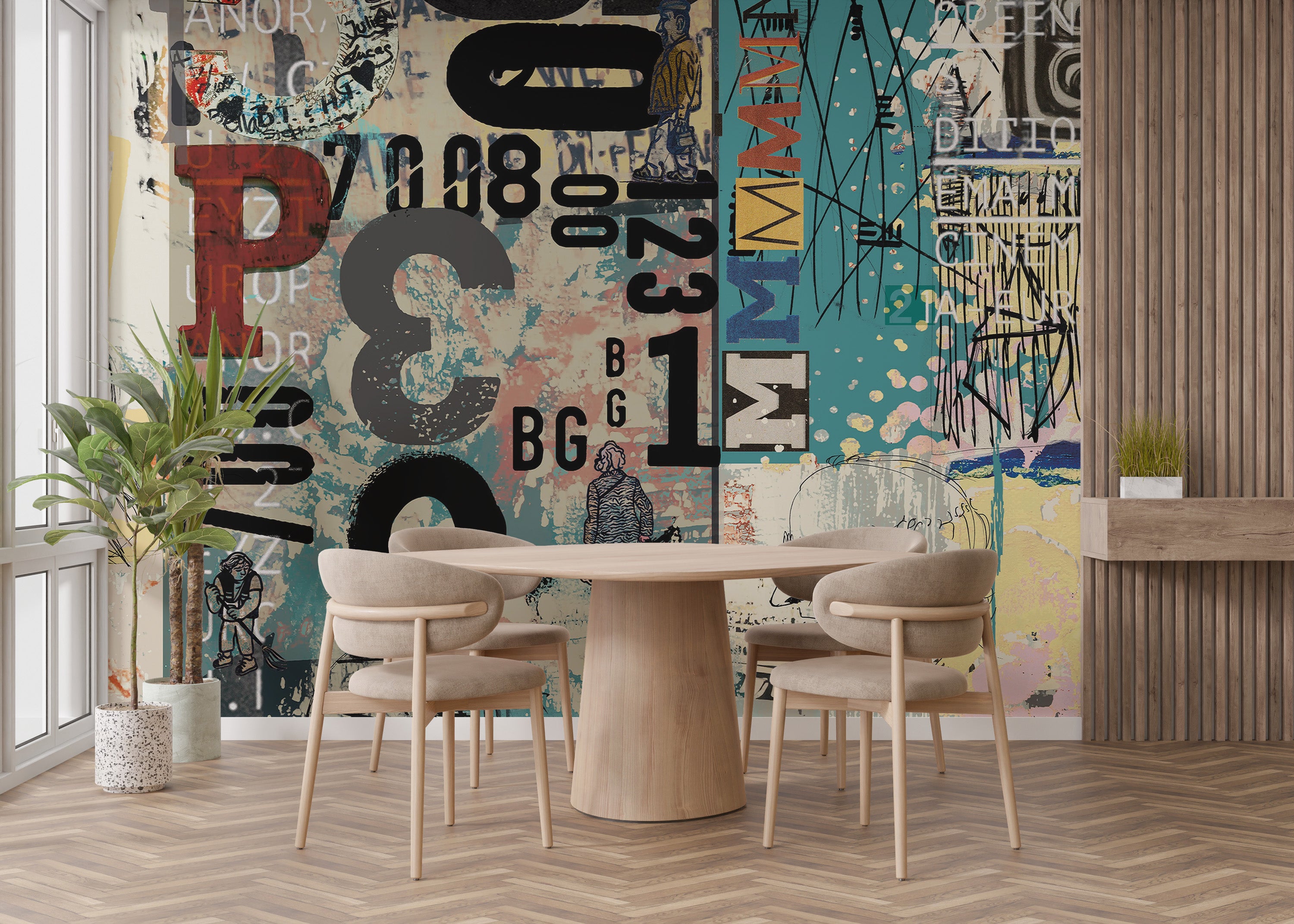 Dining room glows with a vibrant retro collage mural