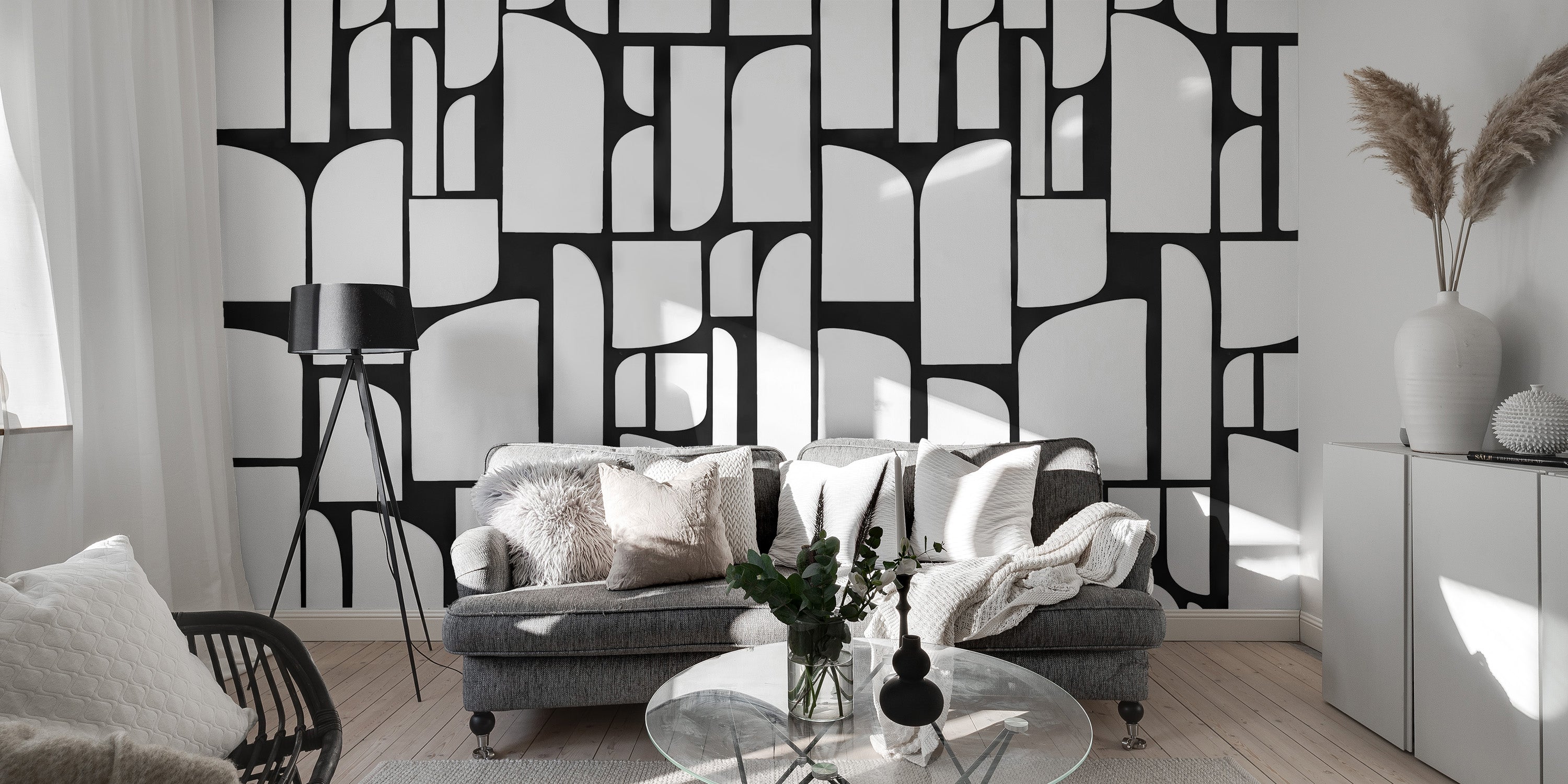 Modern Monochrome Mosaic mural enhances your living room.