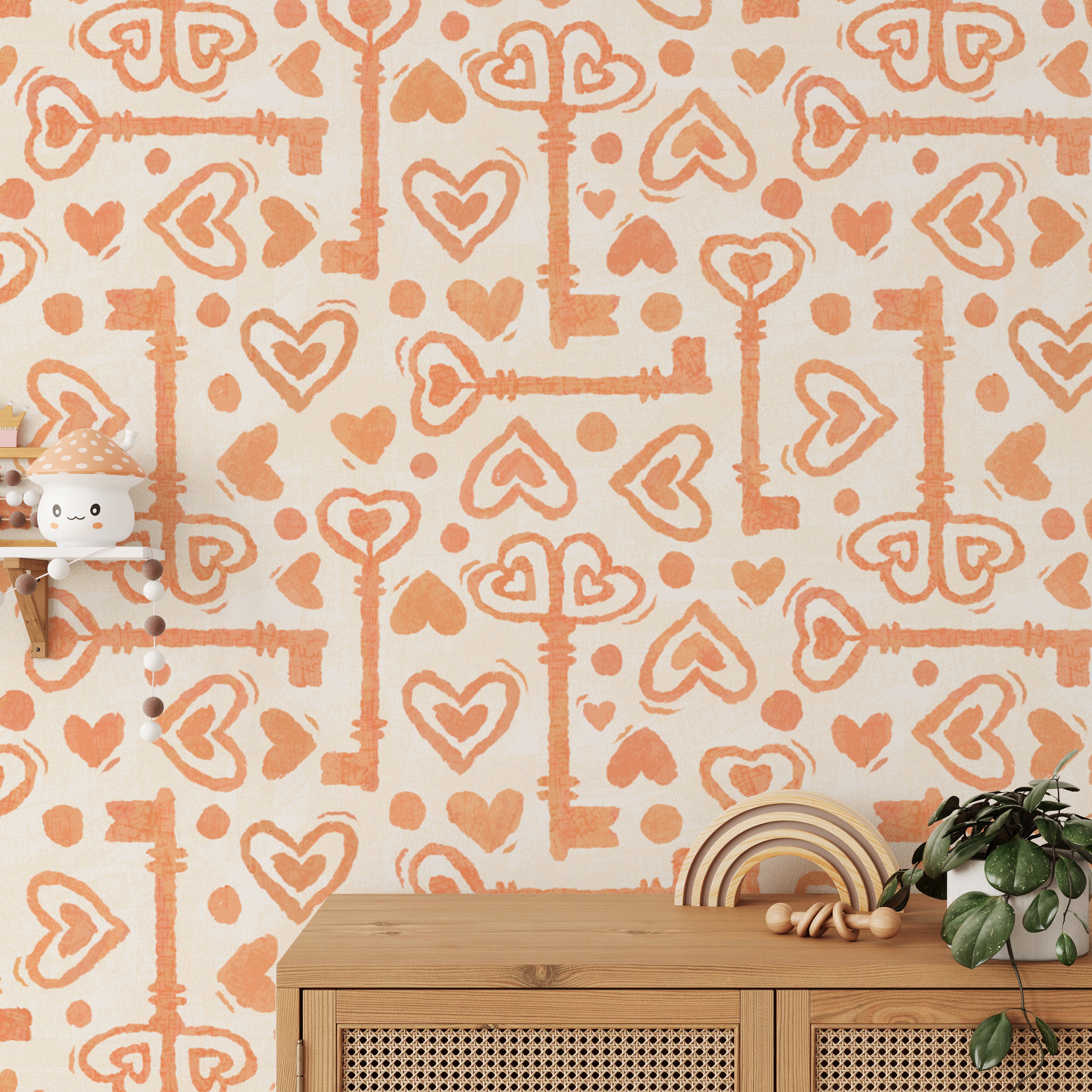 Romantic peach heart and key pattern design
