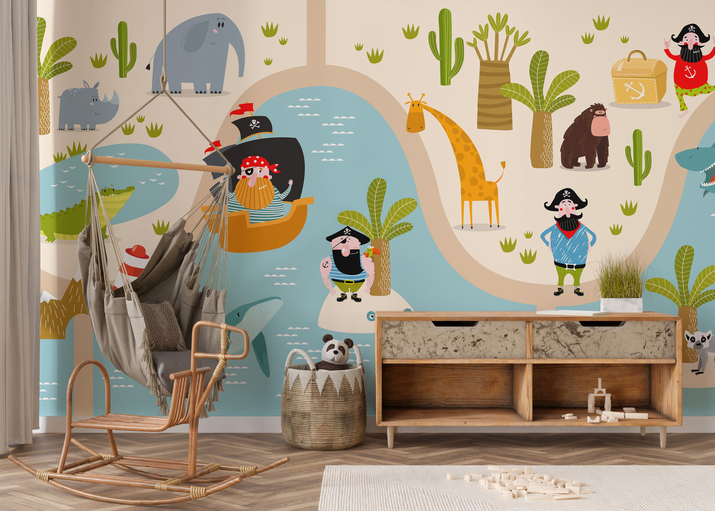 Whimsical pirate and animal themed mural