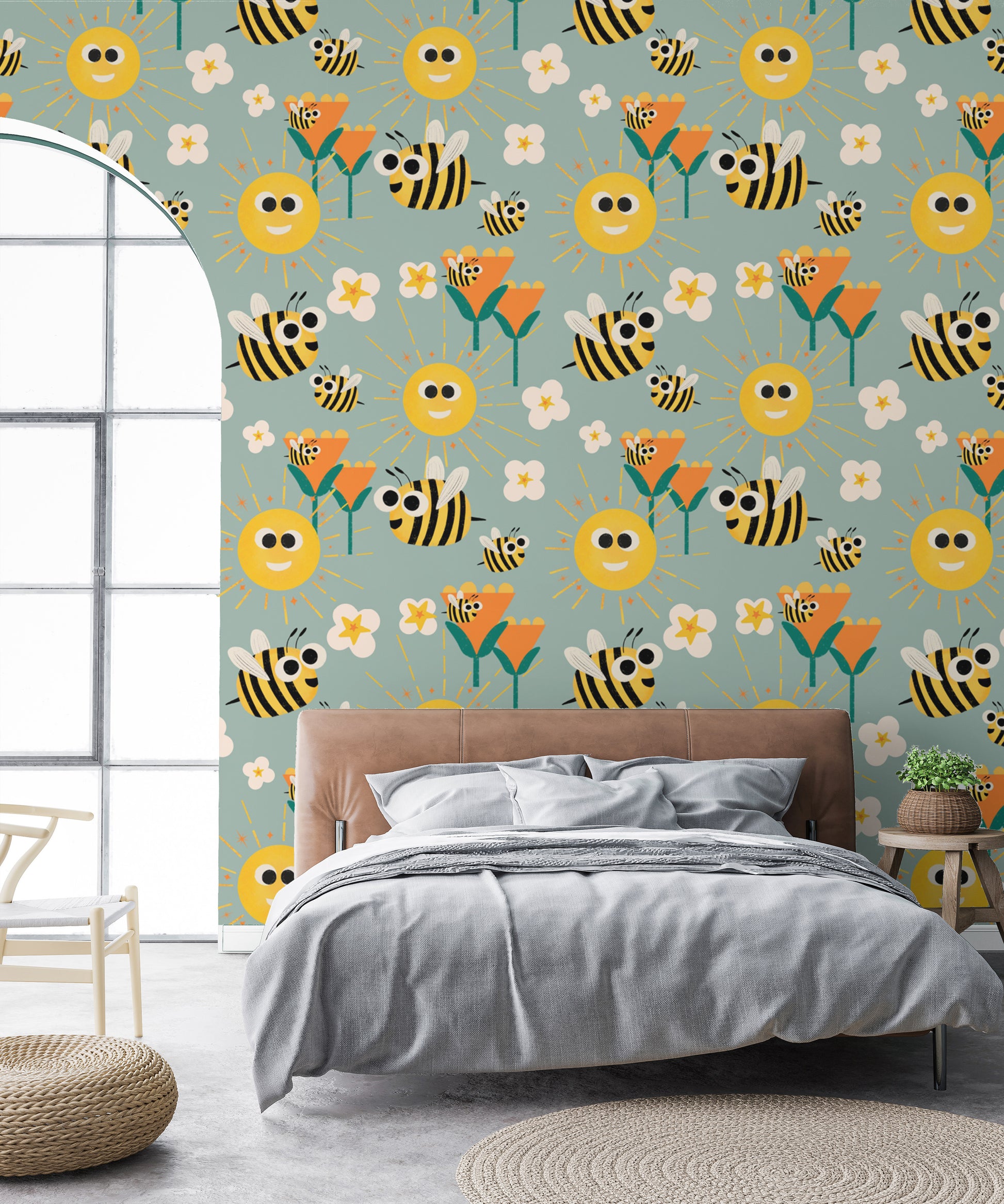 Bee and flower mural wallpaper with sunshine
